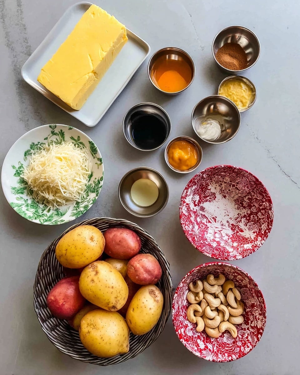 A top view shows a collection of ingredients on a white marbled surface. In the center, there is a small basket filled with a mix of yellow and red small potatoes. Above the basket, several small silver bowls hold different items and sauces: one with a chunk of yellow butter, one with a bit of orange sauce, one with mustard, and others contain various liquids or powders in colors ranging from dark brown to light beige. To the left, a white plate holds a rectangular block of yellow butter, and next to it, a white bowl with a green floral pattern is filled with shredded white cheese. Another white bowl with a red circular pattern contains whole cashew nuts. The setup looks organized and ready for cooking. photo taken with an iphone --ar 4:5 --v 7