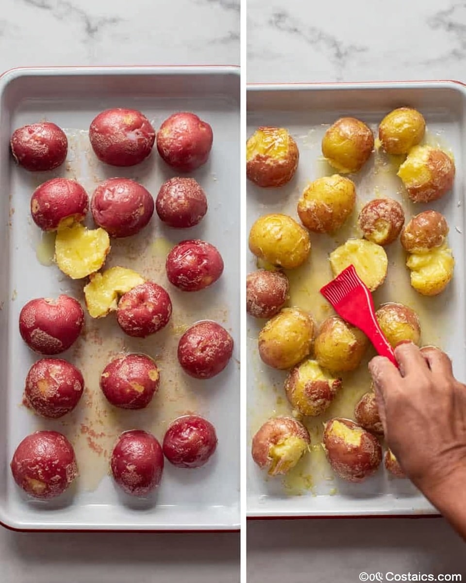 The image shows two white baking trays on a white marbled surface. On the left tray, there are red and yellow whole small potatoes arranged with space in between. A woman's hand is pressing down on one red potato with a glass jar to flatten it slightly. The right tray shows the same potatoes after being pressed and slightly smashed, revealing yellow inner potato flesh with the red and yellow skins broken open. A red brush is spreading oil or seasoning on the uneven potato surfaces, which look rough and textured. Photo taken with an iphone --ar 4:5 --v 7