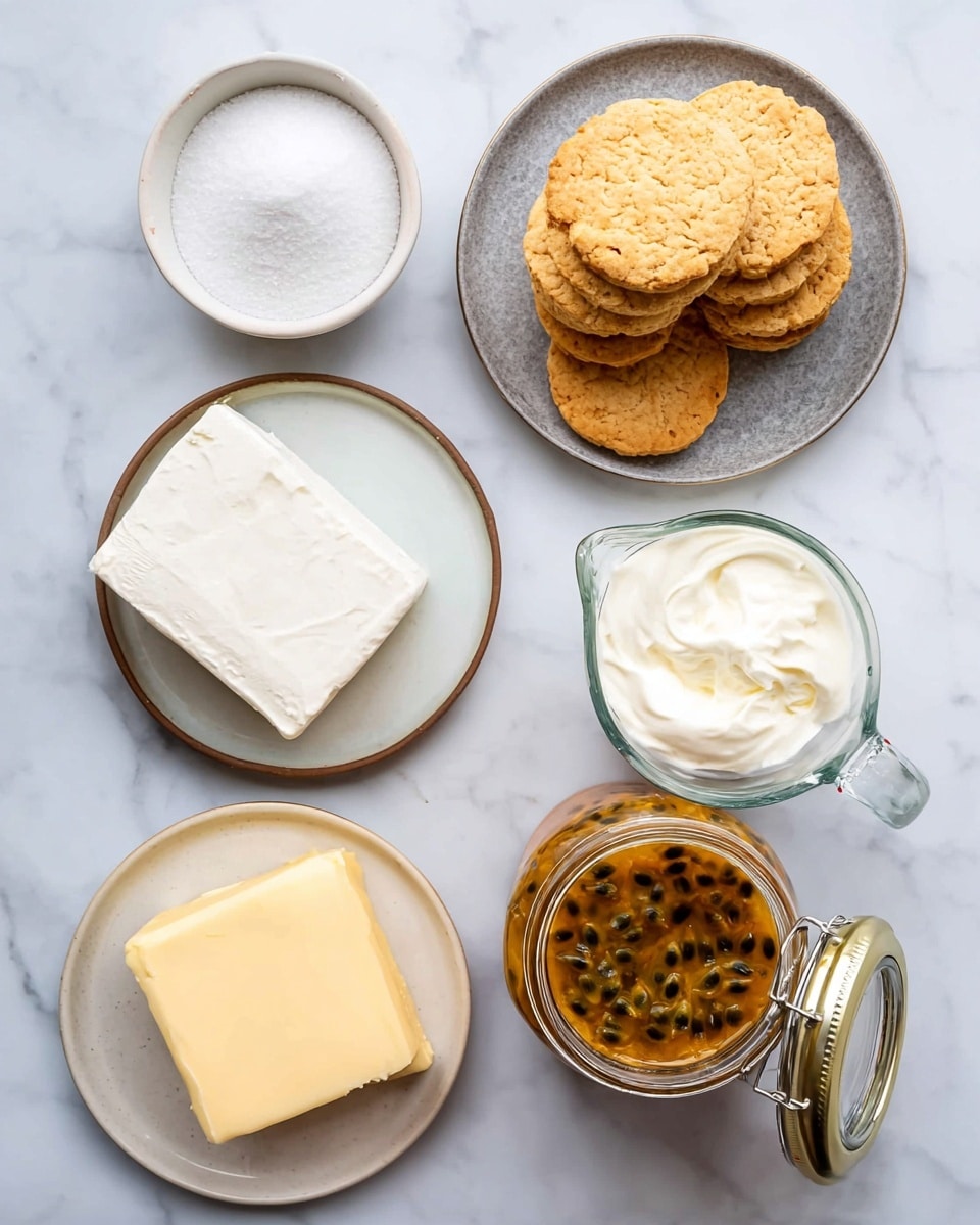 The image shows ingredients for a dessert set on a white marbled surface. There is a round white bowl with fine white sugar on the top left. To the right, a round white bowl filled with stacked golden-brown biscuits with a rough texture. Below the sugar bowl is a gray plate holding two large blocks of white cream cheese. Next to the cheese, a glass measuring cup filled with white cream sits to the right. At the bottom left, a round white plate holds a slab of pale yellow butter. Lastly, at the bottom right, two open glass jars lie on their side, filled with dark orange passion fruit pulp with visible black seeds, one jar lid leaning against the other jar. Photo taken with an iphone --ar 4:5 --v 7