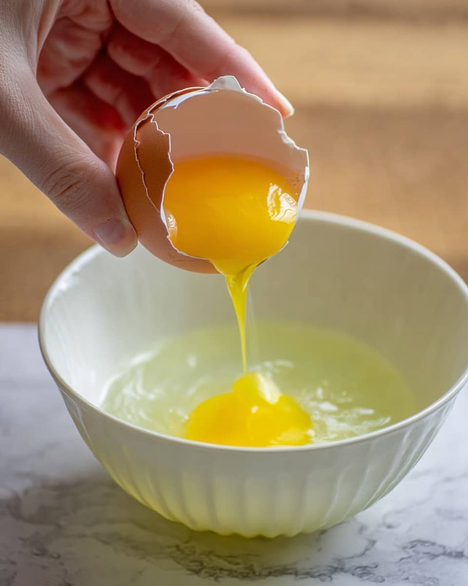 A close-up image shows a woman's hand holding a cracked white eggshell with a bright yellow yolk flowing out in a smooth, shiny stream into a white bowl below. The bowl contains translucent egg white with a slightly greenish tint, and it sits on a white marbled surface. The background is blurred but shows a wooden texture. The bright yellow yolk contrasts with the pale egg white and the white bowl, creating clear layers of color and texture in the image. photo taken with an iphone --ar 4:5 --v 7