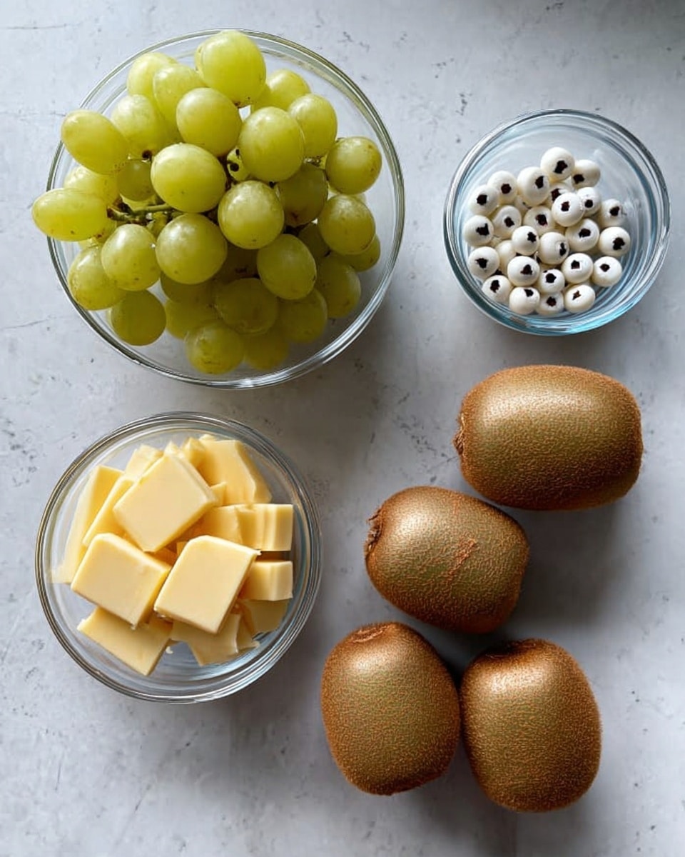 The image shows four whole brown fuzzy kiwis placed on a white marbled surface on the right side. On the left side, there are three glass bowls: the top bowl is filled with green grapes, the bottom bowl contains neat slices of pale yellow cheese, and the middle bowl holds small round white beads with black centers. The overall arrangement is simple and clear with natural light. Photo taken with an iphone --ar 4:5 --v 7