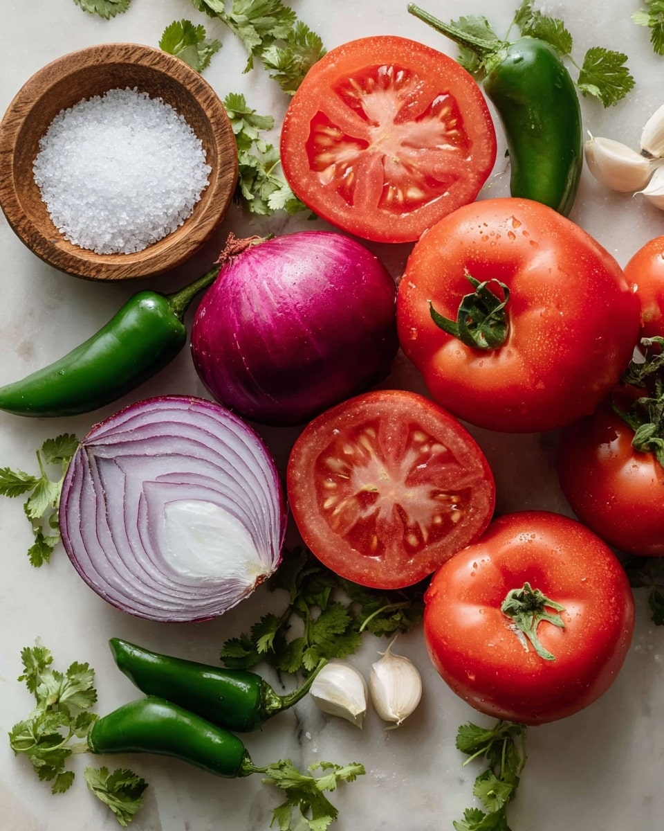 The image shows fresh ingredients arranged on a white marbled surface. There are whole and half red tomatoes with bright, juicy insides, two halves of a purple onion with white and light purple rings visible, and several green jalapeño peppers. Small white garlic cloves and fresh green cilantro leaves are scattered around. A wooden bowl filled with coarse white salt sits among the vegetables. The colors are vivid, with the reds, purples, greens, and whites creating a fresh and natural look. photo taken with an iphone --ar 4:5 --v 7