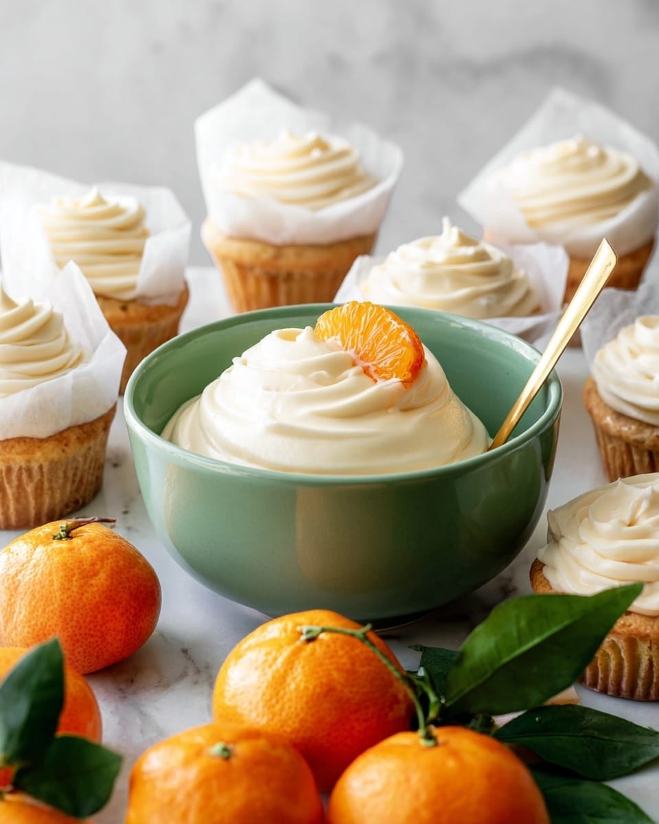 A green bowl filled with smooth white cream swirled softly, topped with a bright orange mandarin slice and a single green leaf on the side, with a small golden spoon resting inside the bowl. Surrounding the bowl are six cupcakes wrapped in white parchment paper, each cupcake showing two layers: a light golden brown base and a top layer of creamy white frosting swirled in a spiral pattern. In the foreground, a cluster of shiny whole mandarins with green leaves rests on a white marbled surface. The scene is bright and fresh with a clean white marbled background. photo taken with an iphone --ar 4:5 --v 7
