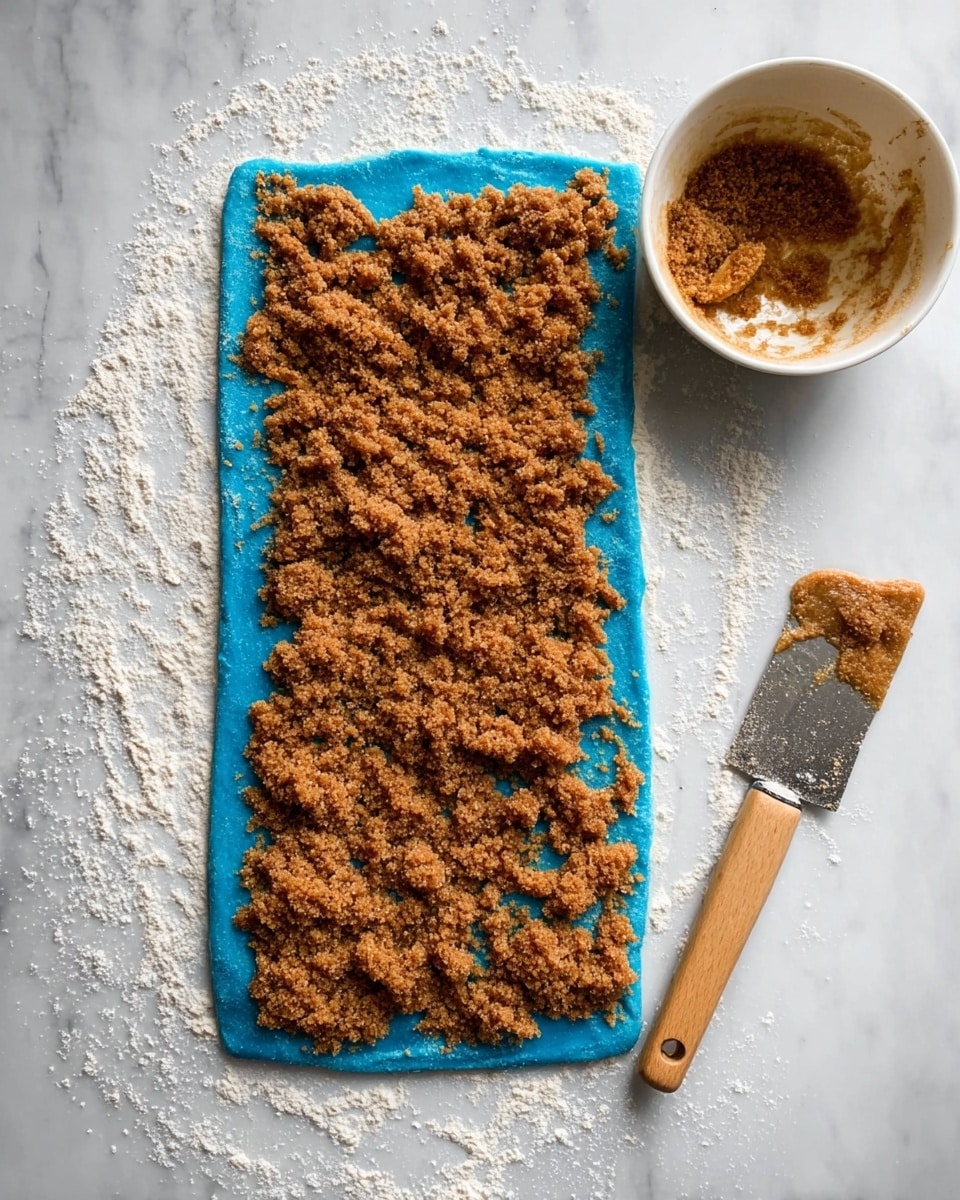 A flattened rectangular piece of bright blue dough lies on a white marbled surface dusted with white flour. The dough is topped with an uneven layer of crumbly dark brown sugar filling spread across almost the entire surface, leaving some blue edges showing. To the right, a white bowl with some leftover brown sugar sits near a spatula with a wooden handle and a metal blade partially covered in the same brown sugar mixture. The scene is bright and clean, showing the early stage of a rolled pastry preparation. Photo taken with an iphone --ar 4:5 --v 7
