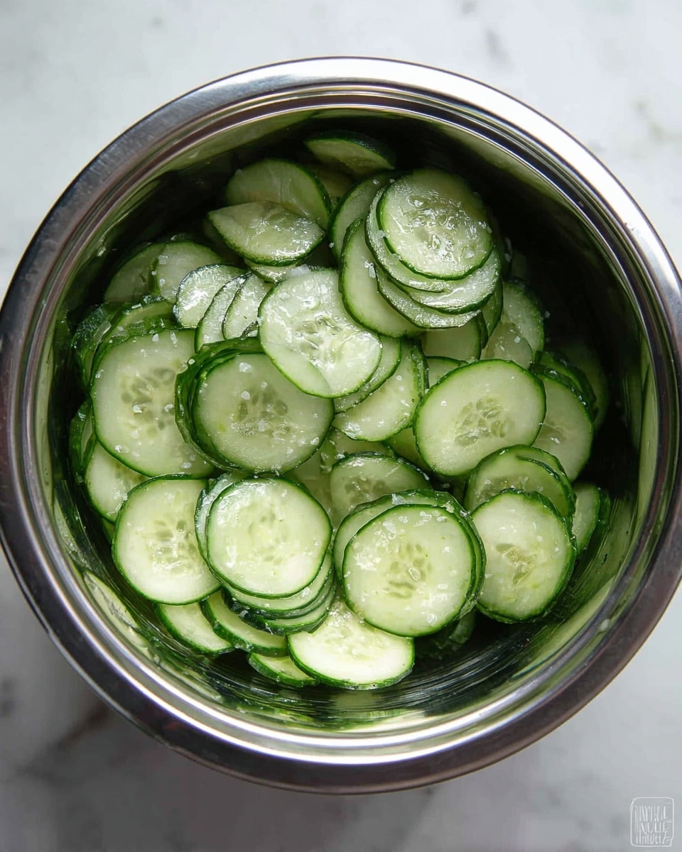 A metal bowl with many thin, round slices of cucumber layered inside, showing a mix of light green and dark green edges with some white granules sprinkled over the cucumbers. The bowl is shiny and reflects the green cucumber color, all placed on a white marbled surface. photo taken with an iphone --ar 4:5 --v 7