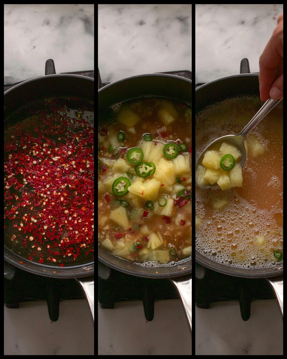 The image shows a black pot on a white marbled stove surface with three views of a cooking process. In the first view, the pot contains water with floating chopped red chili flakes and small pieces of light-colored garlic, creating a scattered red and white layer on top of the dark liquid. The second view shows a woman's hand holding a silver spoon that lifts a mix of diced pale yellow pineapple pieces and bright green jalapeño slices from the pot, with the chili flakes still visible floating around them. The third view captures the pot bubbling as the pineapple and jalapeño continue to cook, small bubbles forming a foamy light tan layer on the surface with the pineapple and jalapeño pieces submerged but still visible through the froth. Photo taken with an iphone --ar 4:5 --v 7