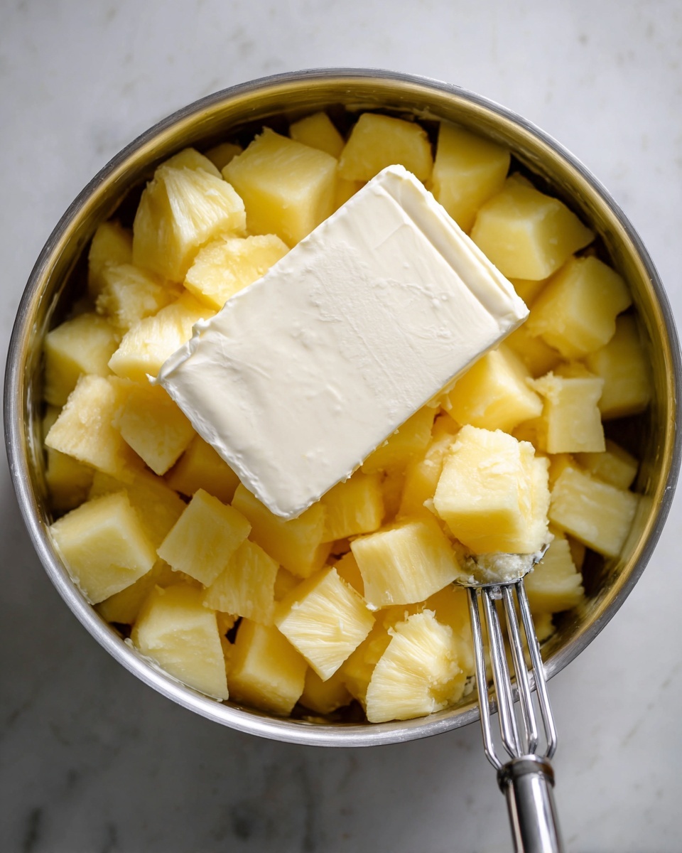 Inside a round silver pot filled with soft yellow potato cubes, there is a large block of white butter sitting on top, ready to be mashed. A silver potato masher is partially pressing down on the butter and potatoes, showing the rough texture of the potatoes and the smooth surface of the butter. The pot is placed on a white marbled surface. Photo taken with an iphone --ar 4:5 --v 7