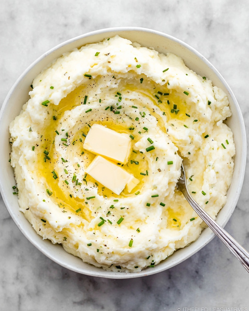 A white bowl filled with creamy mashed potatoes that have a smooth and slightly fluffy texture. Three small square pieces of melting butter sit on top near the center, surrounded by a pool of melted butter that glistens. Small green chive pieces are sprinkled evenly over the mashed potatoes and butter. A silver spoon is partially dipped on the right side, scooping a portion of the mashed potatoes. The bowl rests on a white marbled surface. photo taken with an iphone --ar 4:5 --v 7