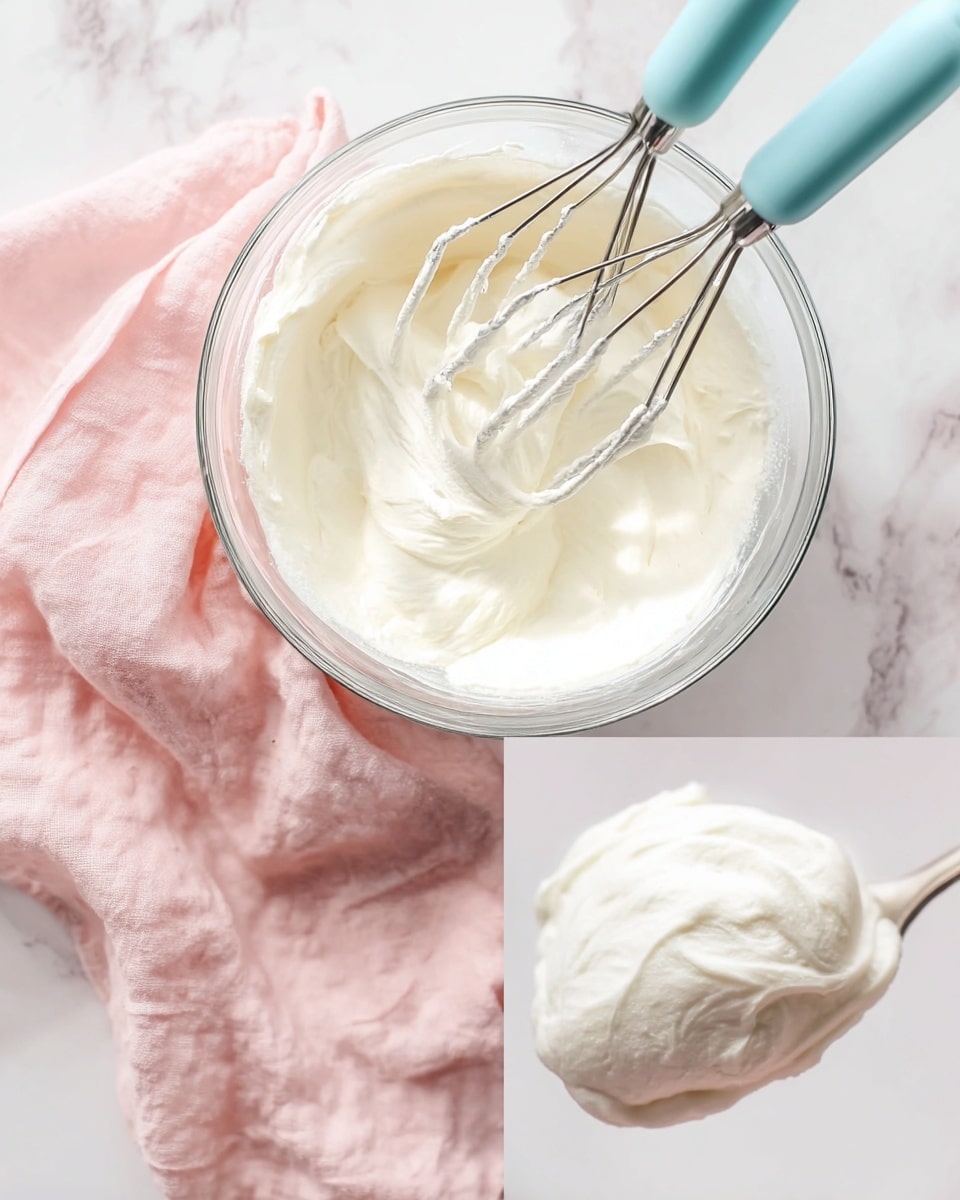 The image shows a glass bowl filled with thick, creamy white whipped mixture that looks smooth and soft. Two metal beaters with light blue handles are held above the bowl, covered with the same creamy texture. Next to the bowl is a soft pink cloth resting on a white marbled surface. Another part of the image shows a close-up of a spoon holding a dollop of the same white creamy mixture, highlighting its smooth and fluffy texture. photo taken with an iphone --ar 4:5 --v 7
