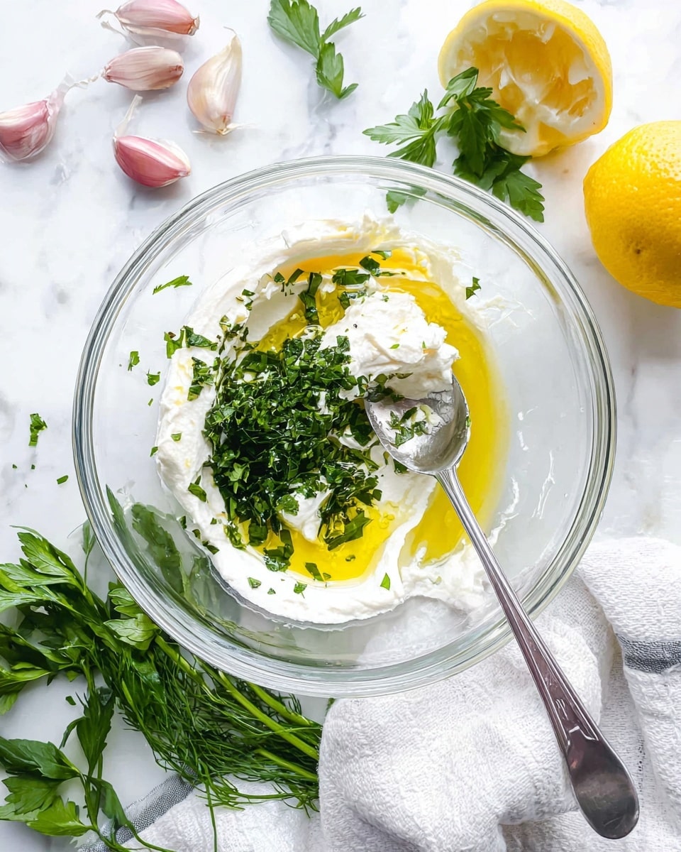 The image shows a clear glass bowl with three main layers inside: a creamy white base layer that looks soft, a drizzle of golden olive oil spread unevenly on top, and a scattering of finely chopped bright green herbs in the center. A silver spoon is partially inside the bowl, resting on the layers and angled towards the top right. Around the bowl on a white marbled surface are fresh green herbs, a half yellow lemon, and several garlic cloves with pinkish-white skin, creating a fresh and natural setting. A white and light gray striped cloth is partially under the bowl and herbs. Photo taken with an iphone --ar 4:5 --v 7
