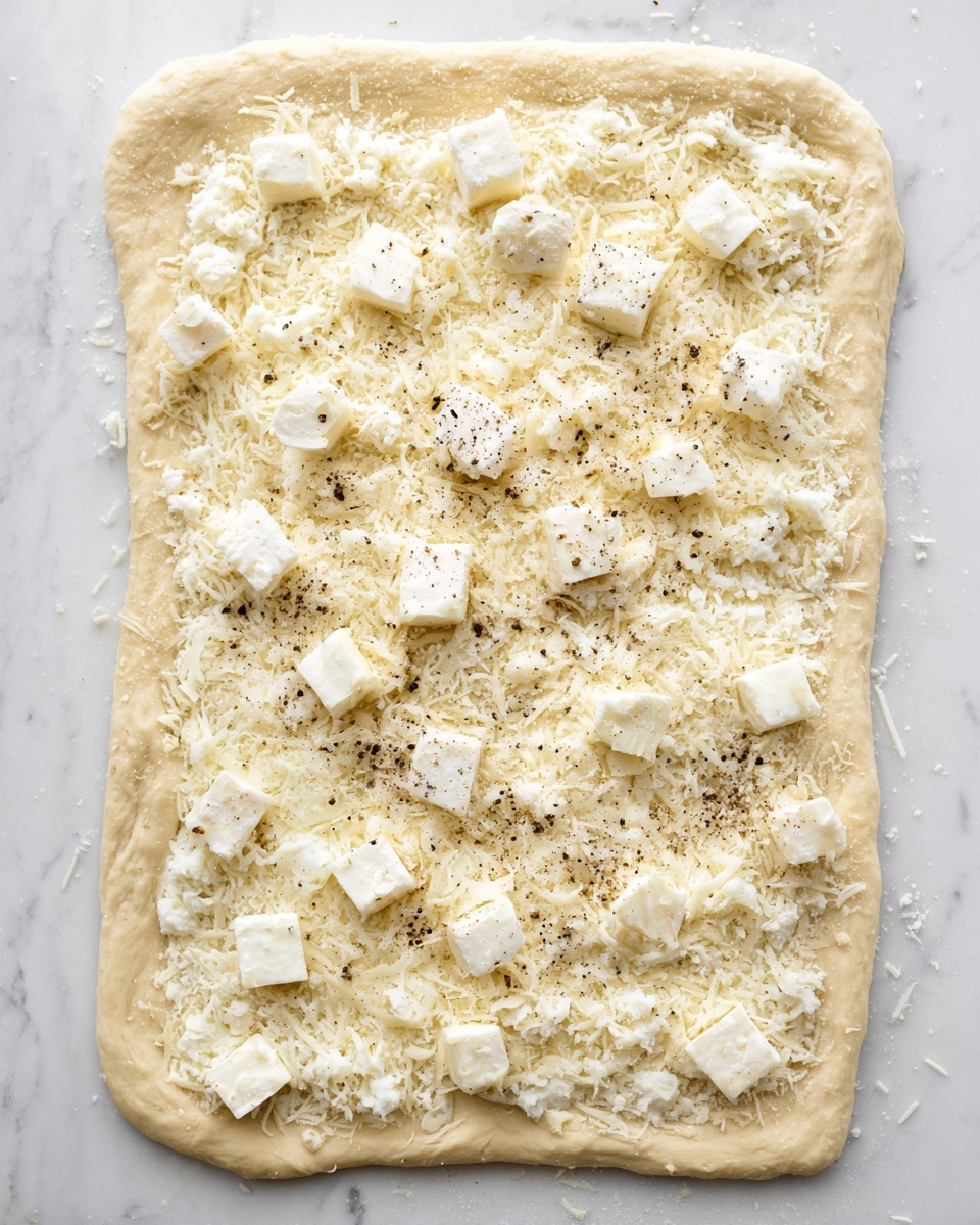 A rectangular pizza dough stretched out on a white marbled surface with a slightly raised edge. The dough is topped with a layer of finely grated white cheese evenly spread on the surface. Across the cheese, there are several dollops and small cubes of soft white cheese scattered around, with a light sprinkling of black pepper on top. The overall look is fresh and ready for baking, showing a raw, unbaked base with cheese toppings. photo taken with an iphone --ar 4:5 --v 7