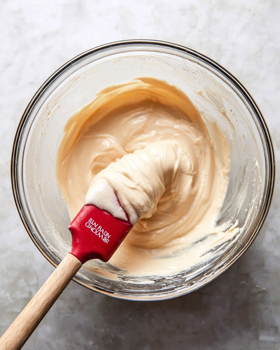A clear glass mixing bowl contains a smooth, creamy pale beige batter being stirred with a red silicone spatula that has white text on it and a wooden handle. The batter wraps around the spatula showing a soft, thick texture. The bowl sits on a white marbled surface, and the scene is well-lit, highlighting the batter’s slightly shiny, rich consistency. Photo taken with an iphone --ar 4:5 --v 7