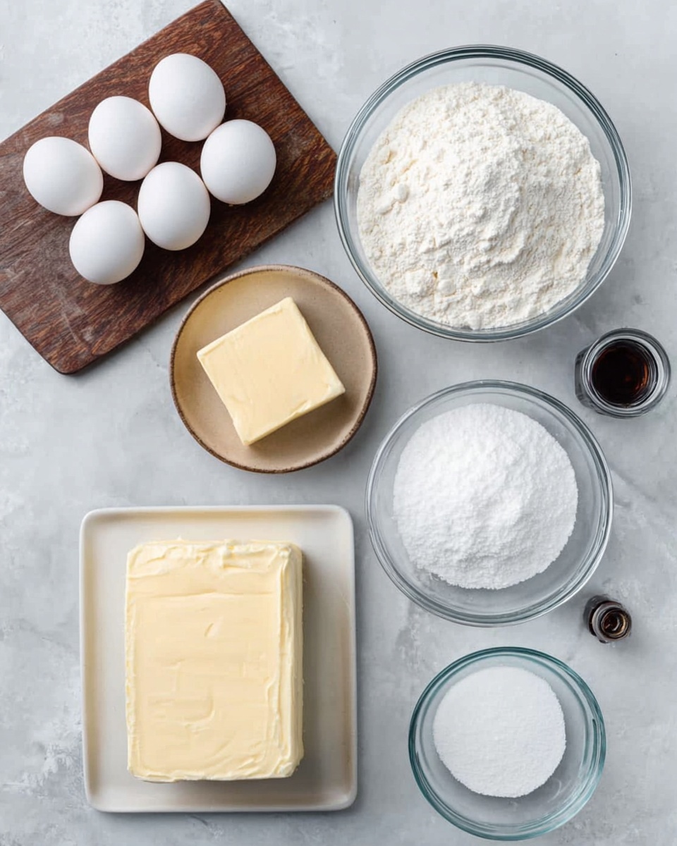 A top view of baking ingredients arranged neatly on a white marbled surface includes six white eggs on a small wooden board placed on the left side, a large clear glass bowl filled with white flour in the top right, and a medium clear glass bowl filled with white sugar in the bottom left. In the center is a small light brown dish holding a large square of yellow butter, next to it on the right is a large rectangular block of cream cheese with smooth texture. To the right side of the cream cheese is a small clear bowl containing white powder, and a small dark glass bottle, likely vanilla extract, lies horizontally at the bottom right corner. The overall layout is clean and simple, with soft natural lighting, photo taken with an iphone --ar 4:5 --v 7