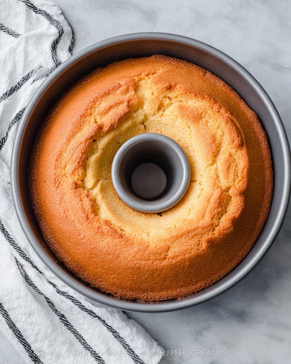 A golden brown round cake with a cracked top sits in a gray bundt pan with a hollow center tube. The cake's surface has a slightly rough texture with a few small cracks, showing a soft and moist inside. The bundt pan rests on a white marbled surface with a white cloth marked by thin black stripes on the left side. The scene is simple and clean, highlighting the freshly baked cake. photo taken with an iphone --ar 4:5 --v 7