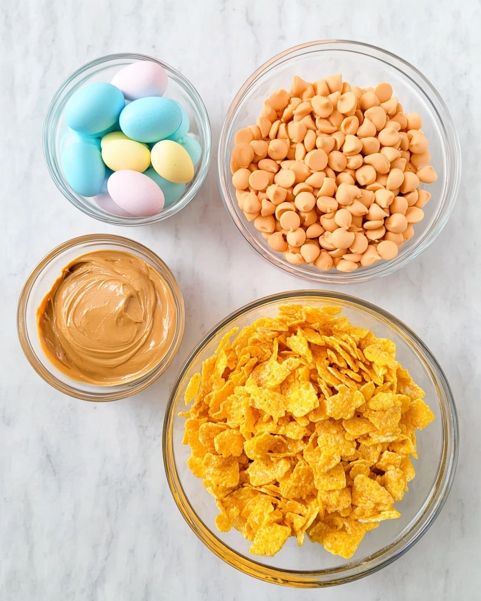 The image shows four clear bowls on a white marbled surface. The largest bowl at the bottom is filled with bright yellow corn flakes, displaying a rough and crunchy texture. Above it to the right is a medium bowl filled with smooth, round, light orange butterscotch chips packed closely together. To the left of that is a smaller bowl with creamy, light brown peanut butter, its surface swirled smoothly. At the top left corner, a small bowl contains pastel-colored candy eggs in light blue, pale yellow, soft pink, and white, all evenly mixed. The bowls are arranged in a loose diamond shape. photo taken with an iphone --ar 4:5 --v 7