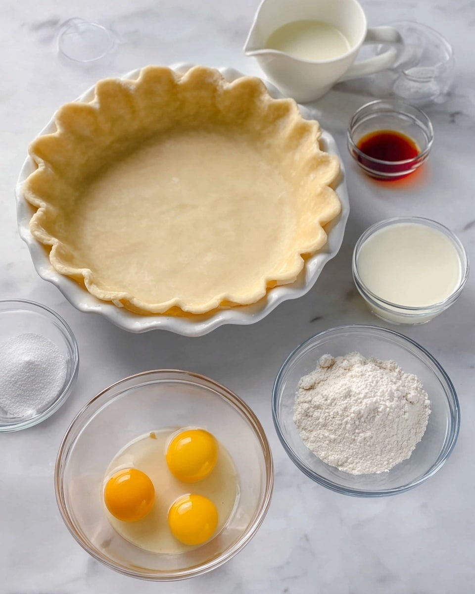 The image shows a white pie crust in a white pie dish with a crimped edge placed on a white marbled surface. Surrounding the pie dish are several clear measuring cups and small glass bowls containing ingredients: three raw eggs in a clear bowl at the front, white sugar in a bowl to the left, milk in a cup to the right, melted butter in a cup at the back, and small bowls with vanilla extract, salt, and baking powder. The colors range from the pale yellow of the eggs and butter to the white of the sugar, milk, and baking powder, all set against the clean white marbled background. photo taken with an iphone --ar 4:5 --v 7