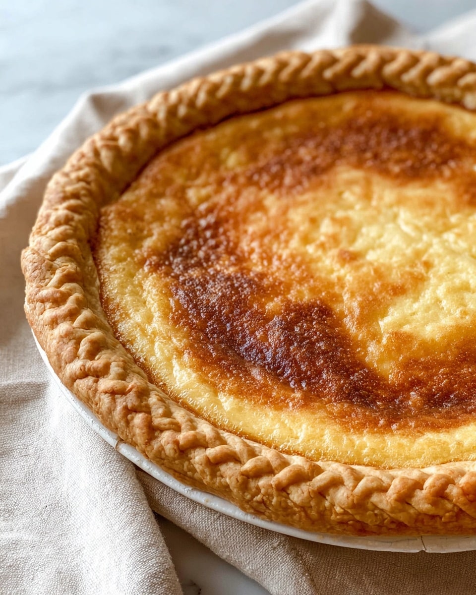 The image shows a single-layer pie with a golden brown top that has a slightly shiny and textured surface. The pie crust is thick and tan in color, with a decorative braided edge that runs all around the pie's rim. The pie sits on a white marbled surface partially covered by a soft, light beige cloth. The crust looks flaky and firm, and the pie filling appears smooth but has some uneven browning, creating a warm, baked look. Photo taken with an iphone --ar 4:5 --v 7
