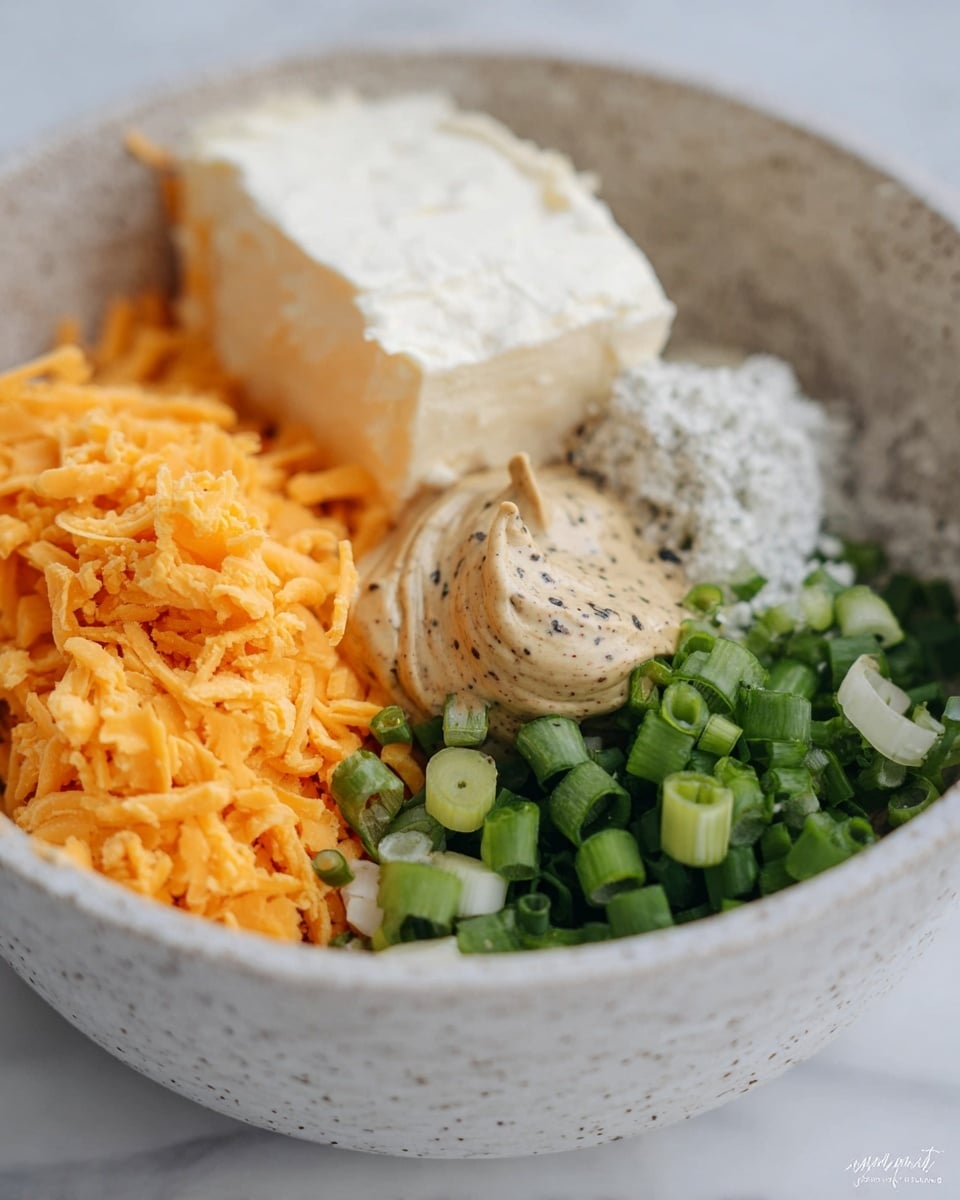 A close-up view of a white speckled bowl showing five layers of ingredients arranged in sections. On the left side, there is a pile of bright orange shredded cheddar cheese with a slightly rough texture. Behind the cheese, there is a large, smooth block of cream cheese in a creamy white color. Next to the cream cheese, a dollop of thick, light beige mustard sits on top, contrasting in texture and color. At the back right, there is a scoop of off-white powder with visible black specks. On the front right, fresh chopped green onions with bright green and white colors add a fresh, crisp texture. The bowl is set on a white marbled surface. photo taken with an iphone --ar 4:5 --v 7