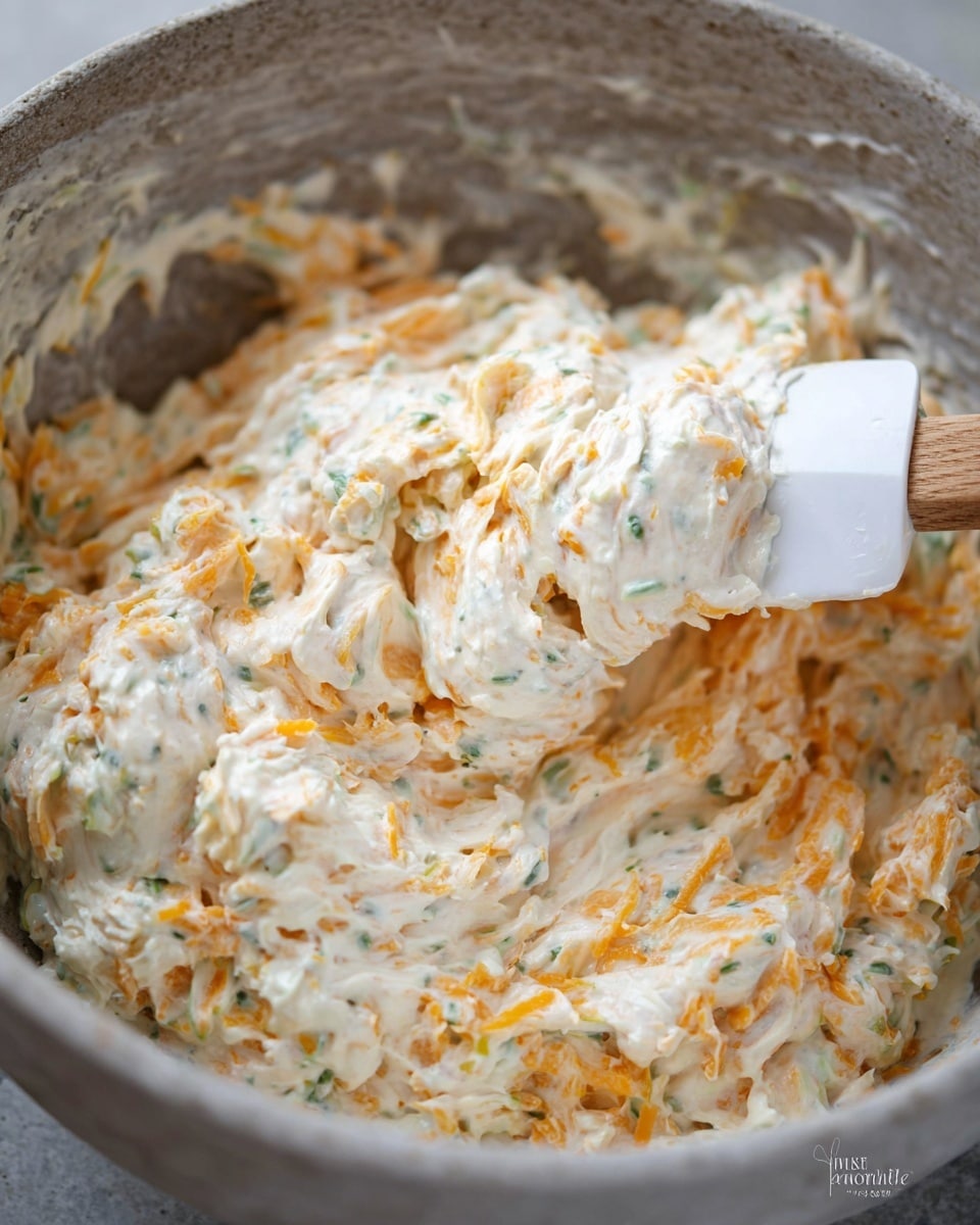 A close-up view of a bowl filled with a creamy mixture that has a soft, thick texture. The main layer is white cream mixed with small, uneven pieces of orange, likely shredded cheese, and bits of green herbs or vegetables scattered throughout. A white spatula with a wooden handle is partially inserted into the mixture, stirring the contents gently. The bowl is textured with a gray tone, contrasting with the vibrant mix inside. Photo taken with an iphone --ar 4:5 --v 7