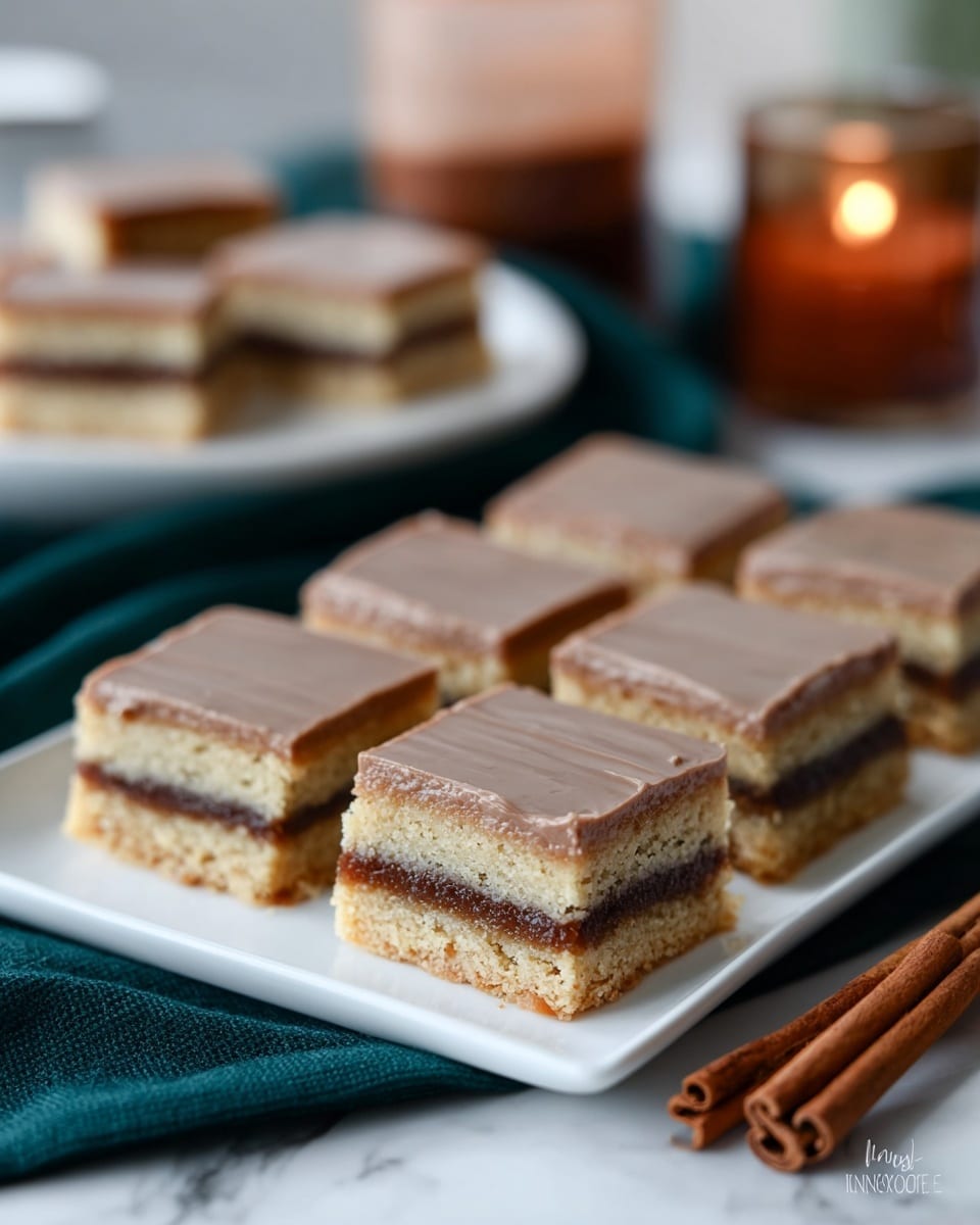 A white rectangular plate holds six square layered bars neatly arranged in two rows. Each bar has three layers: a bottom light golden-brown cake layer, a middle dark brown filling, and a top smooth light brown frosting layer. In the background, a blurred white plate shows one more layered bar. The scene includes a dark green cloth beneath the plate, two cinnamon sticks placed diagonally, and a softly glowing amber candle on a white marbled surface. photo taken with an iphone --ar 4:5 --v 7