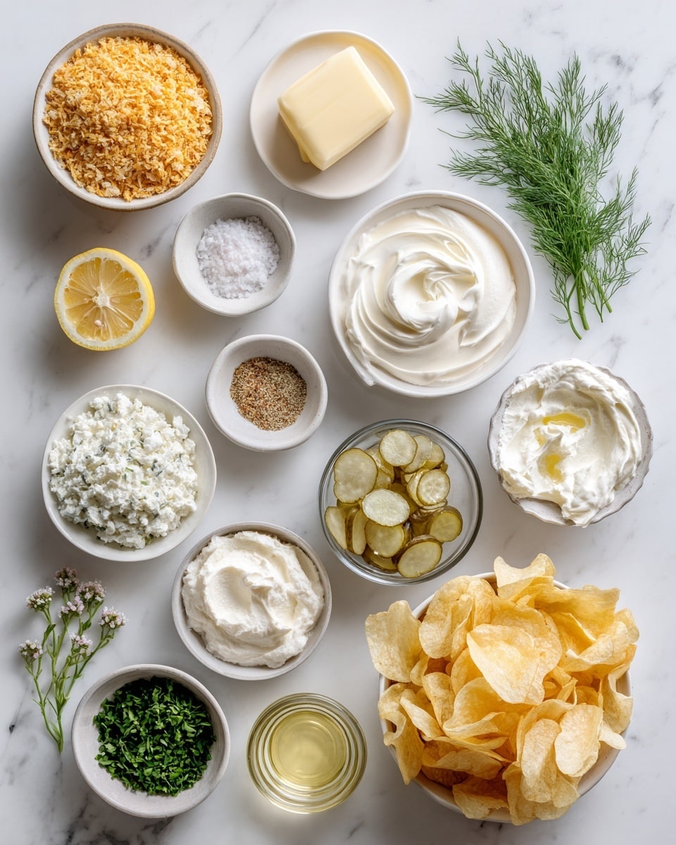 Top-down professional food photography, flat lay style, bright white marble countertop, neatly arranged, evenly spaced, tidy, clean organized layout. Include: small bowl of panko breadcrumbs, small plate with unsalted butter, medium bowl of cream cheese, medium bowl of sour cream, small bowl of dry ranch seasoning, small bowl of onion powder, small bowl of garlic powder, small bowl of salt, small glass cup of lemon juice, small bowl of chopped dill pickles, small bowl of fresh dill sprigs, small bowl of fresh chopped chives, bowl of plain potato chips. Bright soft natural lighting, sharp focus, high detail textures, realistic reflections, professional DSLR look, 4K, no finished dish, no cooked food, no hands, no text, no watermark, no brand logos --ar 4:5 --v 7