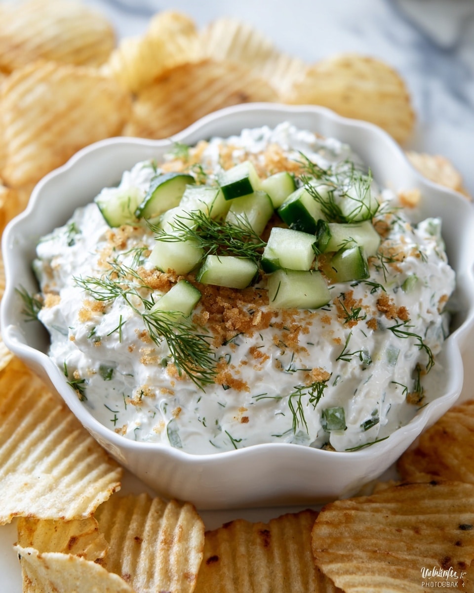 In a white bowl with scalloped edges, there is a creamy white dip filled with small green herb bits mixed evenly throughout. On top, there is a generous layer of light brown crispy crumbs scattered, along with small green cucumber cubes and fresh green herb sprigs. The bowl sits on a white marbled surface surrounded by golden, ridged potato chips. photo taken with an iphone --ar 4:5 --v 7