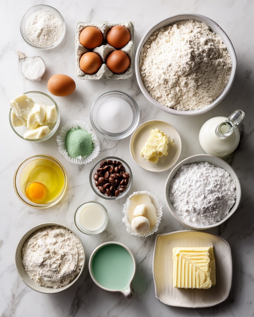 Top-down professional food photography, flat lay style, bright white marble countertop, neatly arranged, evenly spaced, tidy, clean organized layout, include: large bowl of all-purpose flour, small bowl of baking powder, small bowl of salt, medium bowl of vegetable shortening, small bowl of granulated sugar, small plate with eggs, small bottle of vanilla essence, glass measuring cup of buttermilk, small plate with softened unsalted butter, large bowl of confectioners' sugar, small glass cup of milk, small bowl with green food coloring, piping bags with grass piping tip, two small bowls containing small chocolate eggs, bright soft natural lighting, sharp focus, high detail textures, realistic reflections, professional DSLR look, 4K, no finished dish, no cooked food, no hands, no text, no watermark, no brand logos --ar 4:5 --v 7