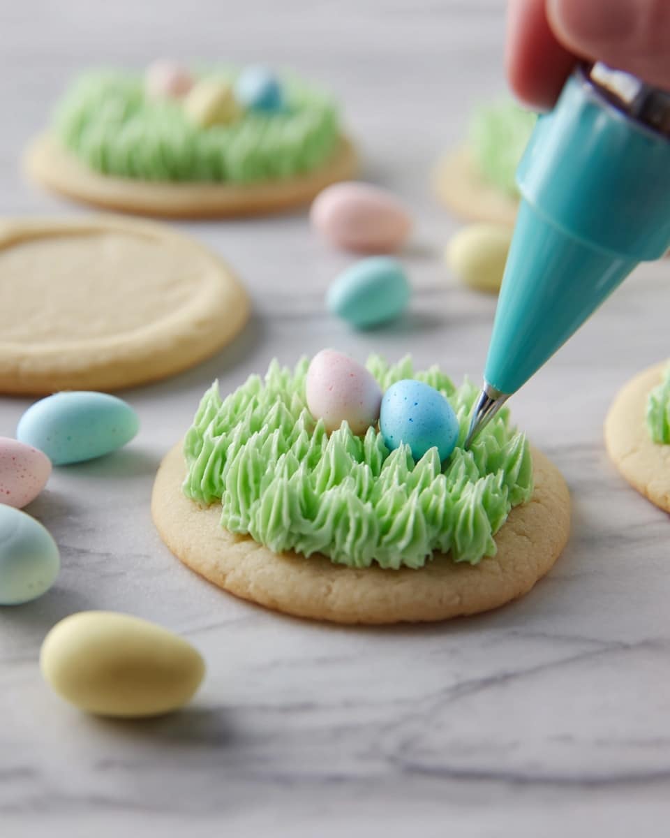 A close-up shows two round sugar cookies on a white marbled surface. One cookie is plain and in the middle of being decorated with green frosting shaped like small grass blades from a blue piping bag held by a woman's hand. The other cookie is fully decorated with the same green grass frosting on the edges, topped with three small pastel-colored candy eggs in light pink, blue, and yellow. Around the cookies, there are more pastel candy eggs scattered on the white marbled background. Photo taken with an iphone --ar 4:5 --v 7