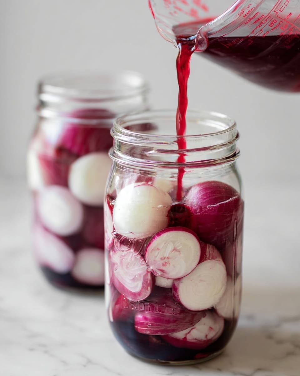 A clear glass jar filled with layers of round white and deep red onions, some whole and some sliced, creating a mix of white centers and dark red outer rings. A deep red liquid is being poured into the jar from a clear measuring cup, flowing over the onions and causing some of the liquid to drip down the inside of the jar. In the background, a second jar with similar onion layers is slightly out of focus. The jars are set on a white marbled surface with soft natural light creating mild reflections and clear detail in the glass. photo taken with an iphone --ar 4:5 --v 7