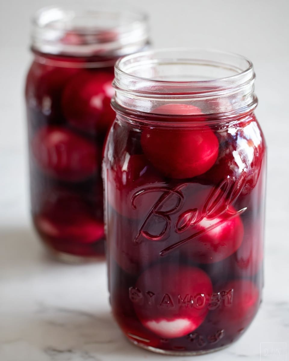 The image shows two clear glass jars filled with dark red pickled eggs submerged in a rich red liquid. The eggs are white with a vivid red outer layer from the pickling, and they are stacked closely inside the jars. The jars are placed on a smooth white marbled surface, with the front jar in clear focus showing detailed glass texture and the word