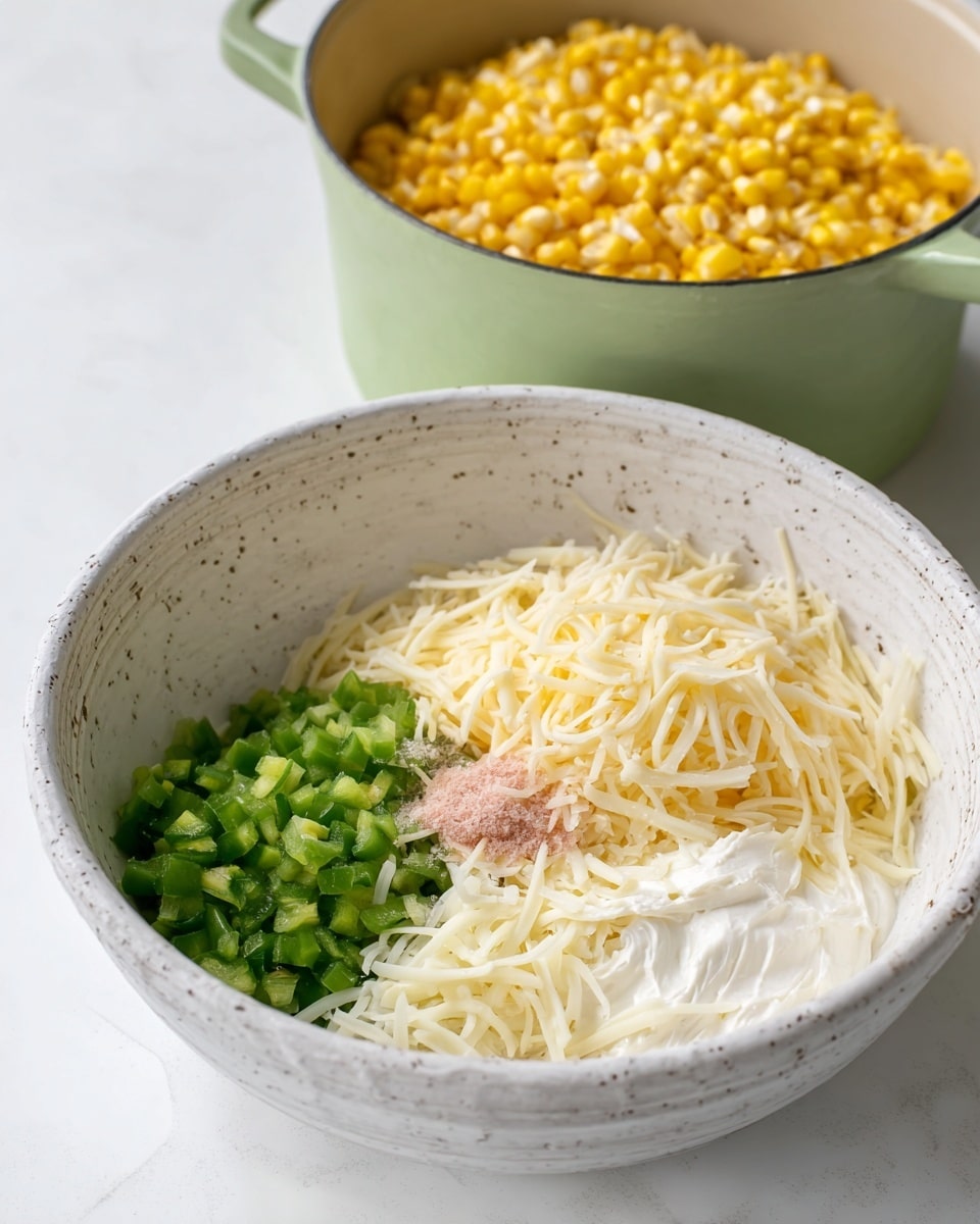 The image shows a white speckled bowl containing three separate layers inside: one side has shredded white cheese with a soft texture, the second side has finely chopped green peppers with a fresh look, and the third side has a smooth, creamy white layer that appears like cream cheese. In the middle between the cheese and peppers, there is a small pile of light pink seasoning. Behind the bowl, there is a light green pot filled with bright yellow corn kernels, placed on a white marbled surface. photo taken with an iphone --ar 4:5 --v 7