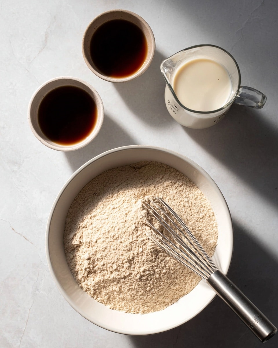 The image shows a white bowl filled with a beige dry powder, likely flour or a similar ingredient, with a silver whisk resting inside it. Above the bowl, there are two small white bowls filled with a dark brown liquid, and next to them, a clear measuring jug filled with a creamy white liquid, possibly milk. All items are placed on a white marbled surface, with soft natural light casting gentle shadows. photo taken with an iphone --ar 4:5 --v 7