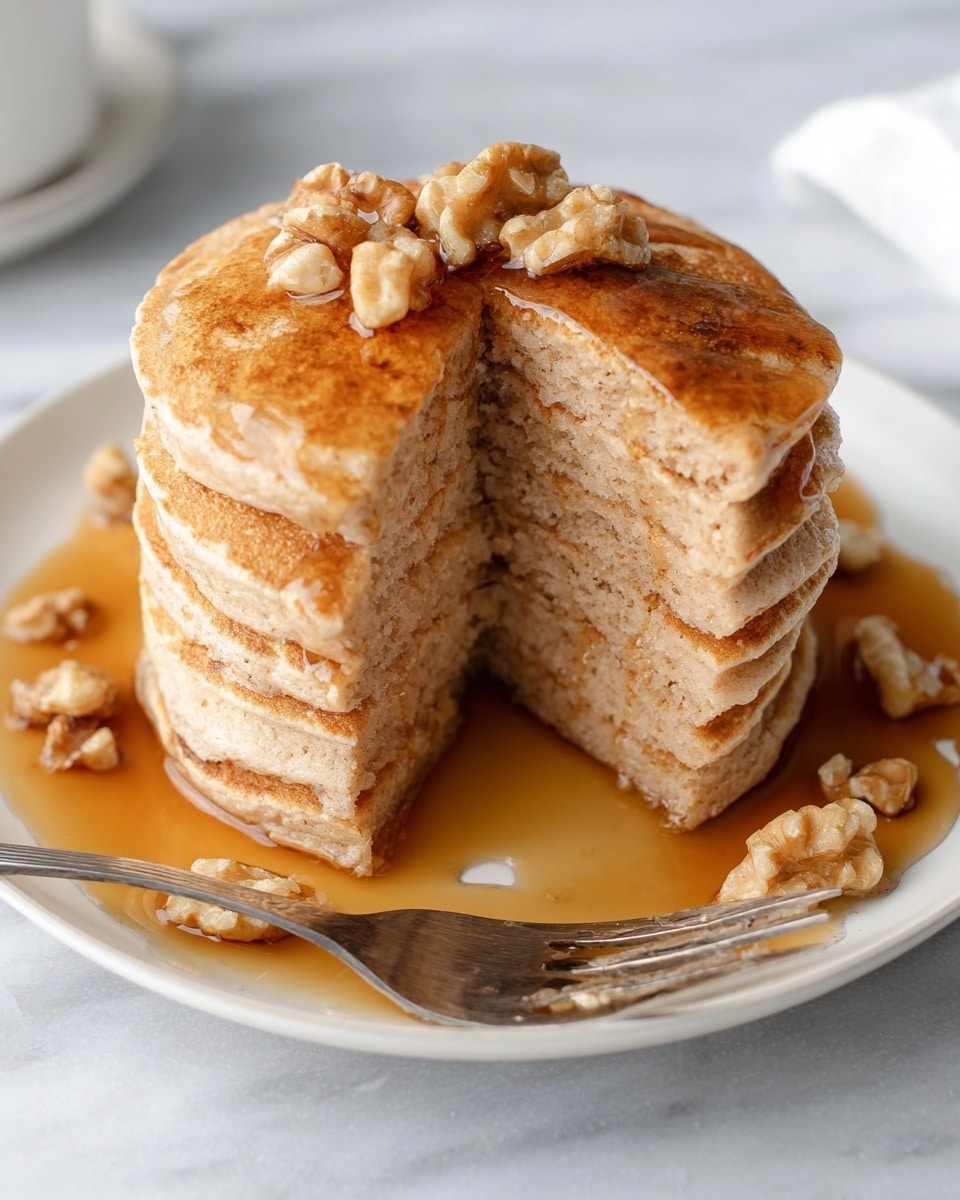 A stack of six thick pancakes with a soft, fluffy texture and light brown color sits in the center of a white plate. One large wedge is cut and slightly pulled out to show the layers inside, each layer fluffy, moist, and pale brown. Golden syrup is poured over the top pancake, dripping down the sides and pooling around the base, mixed with pieces of light brown walnuts scattered on the plate. A silver fork rests beside the pancakes on the plate, all set on a white marbled surface. Photo taken with an iphone --ar 4:5 --v 7