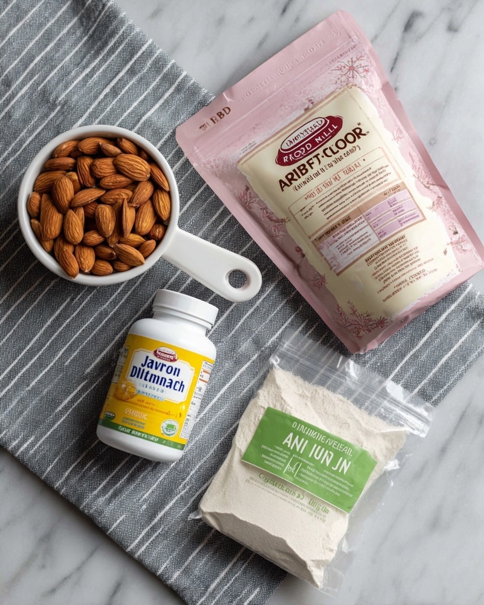 The image shows a group of four items placed on a gray and white striped cloth on a white marbled surface. On the top right, there is a light pink and cream package of Bob's Red Mill Arrowroot starch/flour with brown and pink text. To the left of it, there is a white measuring cup filled with whole almonds, which are light brown and smooth. Below the cup, there is a white bottle of Jarrow Formulas Jarro-Dophilus Ultra probiotic capsules with a bright yellow label and blue text. On the bottom right, there is a clear plastic bag of Living Jin Agar-Agar Powder with green and white labeling. All items are neatly arranged and the setting looks clean and organized photo taken with an iphone --ar 4:5 --v 7