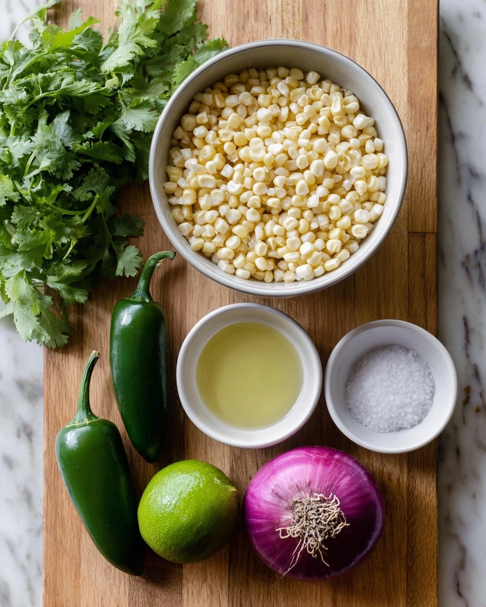 A white bowl filled with small, pale yellow corn kernels sits on a wooden board. Below it, a small white bowl holds a light yellow liquid, likely lime juice. To the left, two green jalapeño peppers lie horizontally. Below the jalapeños, a small white bowl contains coarse white salt. Next to the salt bowl is a bright green lime. On the right side of the setup, half of a red onion with purple rings and a rough root end is placed. In the top left corner, a bunch of fresh green cilantro leaves rests partially on the wooden board. The background is a white marbled texture photo taken with an iphone --ar 4:5 --v 7