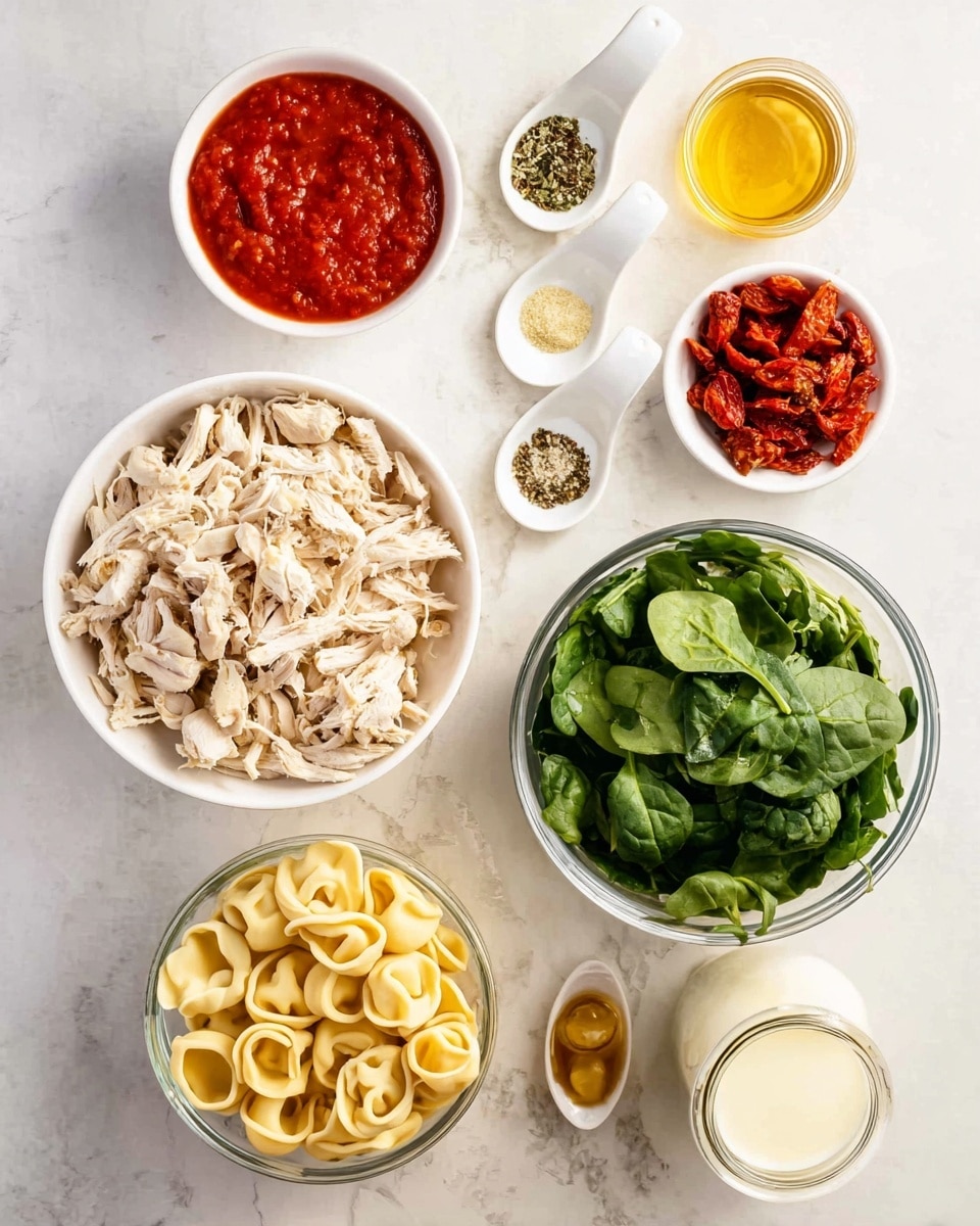 The image shows a white marbled surface with several small white bowls and containers arranged neatly, each holding different ingredients. At the center, there is a white bowl filled with shredded chicken, light beige in color and textured in small pieces. Below it, a clear bowl holds uncooked tortellini pasta, light yellow and folded into rounds. To the right of the chicken, there is a white bowl filled with fresh green spinach leaves, vibrant and leafy. Above the spinach are two small white bowls with chunky red tomato sauce. Above the chicken bowl, three small white spoons each hold different seasonings: one with chopped garlic, another with ground black pepper, and the third with a dried herb mix in earthy green tones. A small white bowl near the top right holds reddish sun-dried tomatoes, and a small glass jar on the left contains a golden yellow liquid, likely broth or oil. A small glass container with creamy white liquid, maybe cream, sits next to the sun-dried tomatoes. The whole setup is brightly lit with soft natural light. Photo taken with an iphone --ar 4:5 --v 7