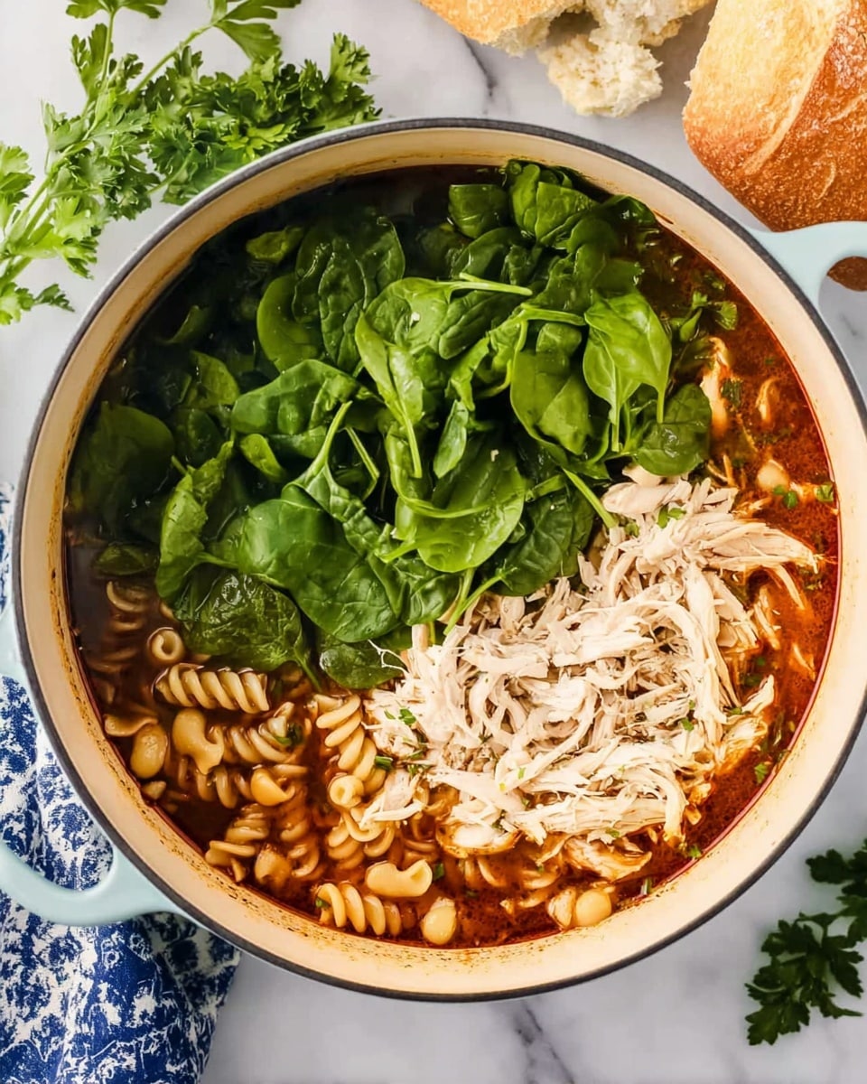 The image shows a white pot filled with a soup that has three clear layers. On one side, there is a pile of bright green fresh spinach leaves, giving a fresh look. Next to it, there is a layer of shredded pale chicken with soft texture. The base of the pot is filled with a dark red to brown broth filled with spiral-shaped pasta visible below the spinach and chicken. The pot is placed on a white marbled surface, with some fresh parsley leaves and a piece of bread visible around it. A blue and white cloth is partially under the pot photo taken with an iphone --ar 4:5 --v 7