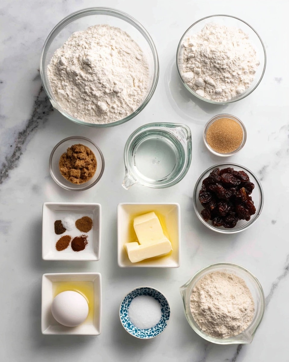 The image shows ten small bowls and one measuring cup arranged neatly on a white marbled surface. At the top left, a large transparent bowl is filled with white flour, and beside it on the right is a smaller transparent bowl with another type of flour. In the middle row, from left to right, there is a clear measuring cup with water, a small round bowl of light brown sugar, and a medium clear bowl filled with dark raisins. Below, there is a small rounded bowl holding a single white egg, a small white square dish with white sugar, and a clear glass container with melted yellow butter. At the bottom left, a white square dish has two sections containing brown spices, next to it is a tiny blue and white cup with salt, and to the right is a white square bowl with dry yeast. All bowls are on the white marbled surface. photo taken with an iphone --ar 4:5 --v 7