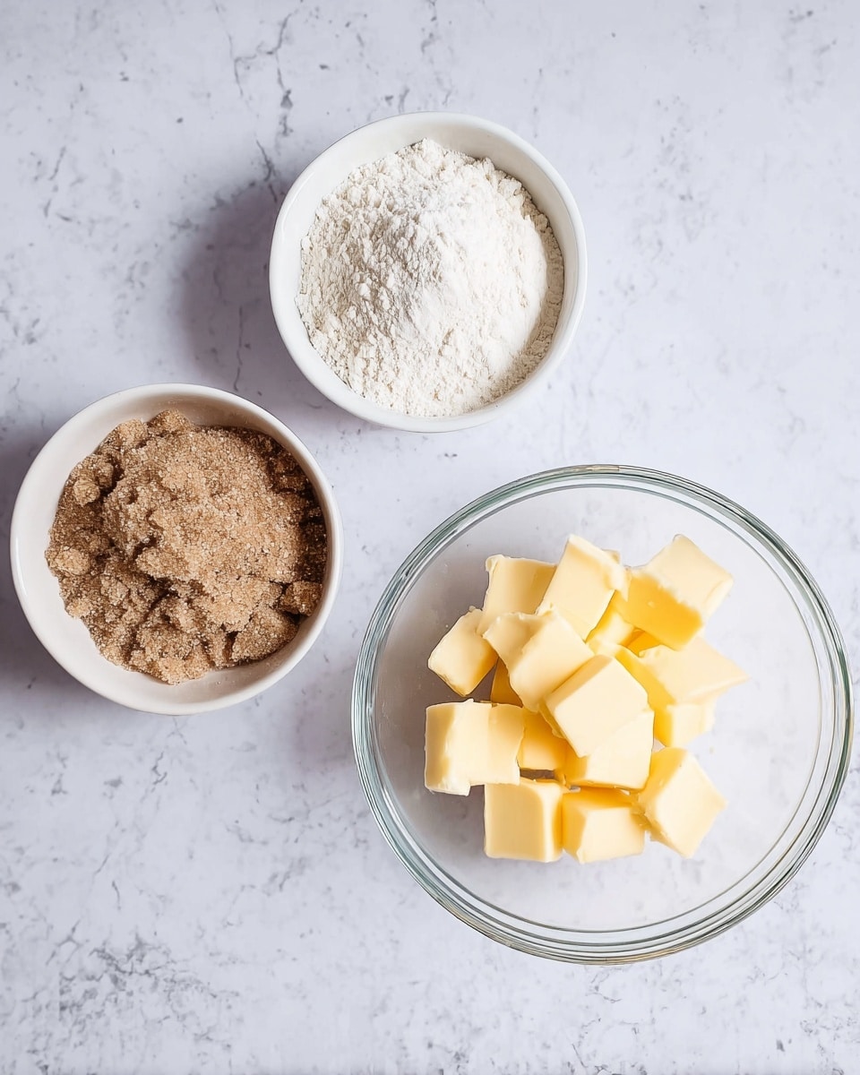 The image shows three bowls on a white marbled surface. The bowl on the right is clear glass and holds small yellow cubes of butter arranged loosely in the center. Above it is a small white ceramic bowl filled with fine white flour. To the left of this, there is another small white ceramic bowl with light brown sugar that has a grainy texture and is unevenly packed. The bowls form a loose triangular shape. photo taken with an iphone --ar 4:5 --v 7