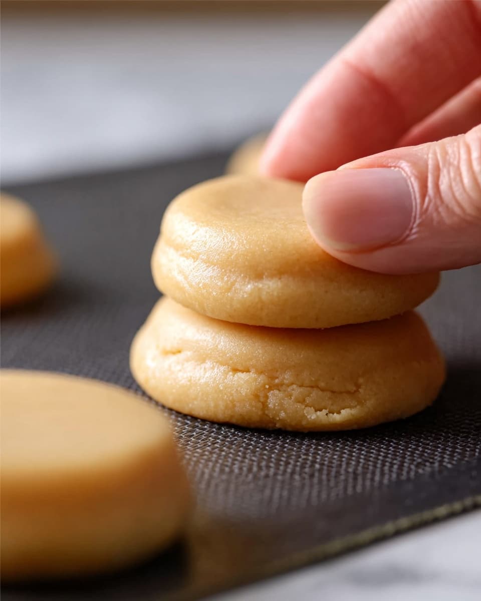A close-up view of a woman's hand gently lifting the top layer of a light brown, smooth, round cookie dough piece. The cookie dough is stacked in two visible layers, slightly shiny and soft in texture, placed on a dark baking mat. In the foreground, there is another similar cookie dough piece blurred out. The surface under the baking mat is a white marbled texture. photo taken with an iphone --ar 4:5 --v 7