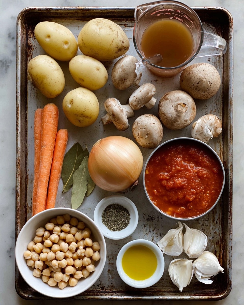 A flat metal tray holds a variety of fresh ingredients arranged neatly: in the top left corner, four light yellow potatoes with pale skin; to their right, a group of brown mushrooms with textured caps; next to the mushrooms, a clear glass measuring cup filled with brown broth. Below the potatoes, a single medium-sized yellow onion sits with its root end facing up. Below the onion, two long orange carrots lie diagonally, with two green bay leaves nearby. In the bottom left corner, a white bowl is full of pale beige chickpeas. Near the center, a small white bowl contains dried green herbs, while another white bowl beside it holds yellow olive oil. To the bottom right, a small bunch of peeled white garlic cloves sits beside a small white bowl with a pinkish salt, and a round metal container filled with chunky red tomato sauce is placed right above them. All items are placed on a worn metal tray with scratches and marks, the whole scene set on a white marbled texture. Photo taken with an iphone --ar 4:5 --v 7