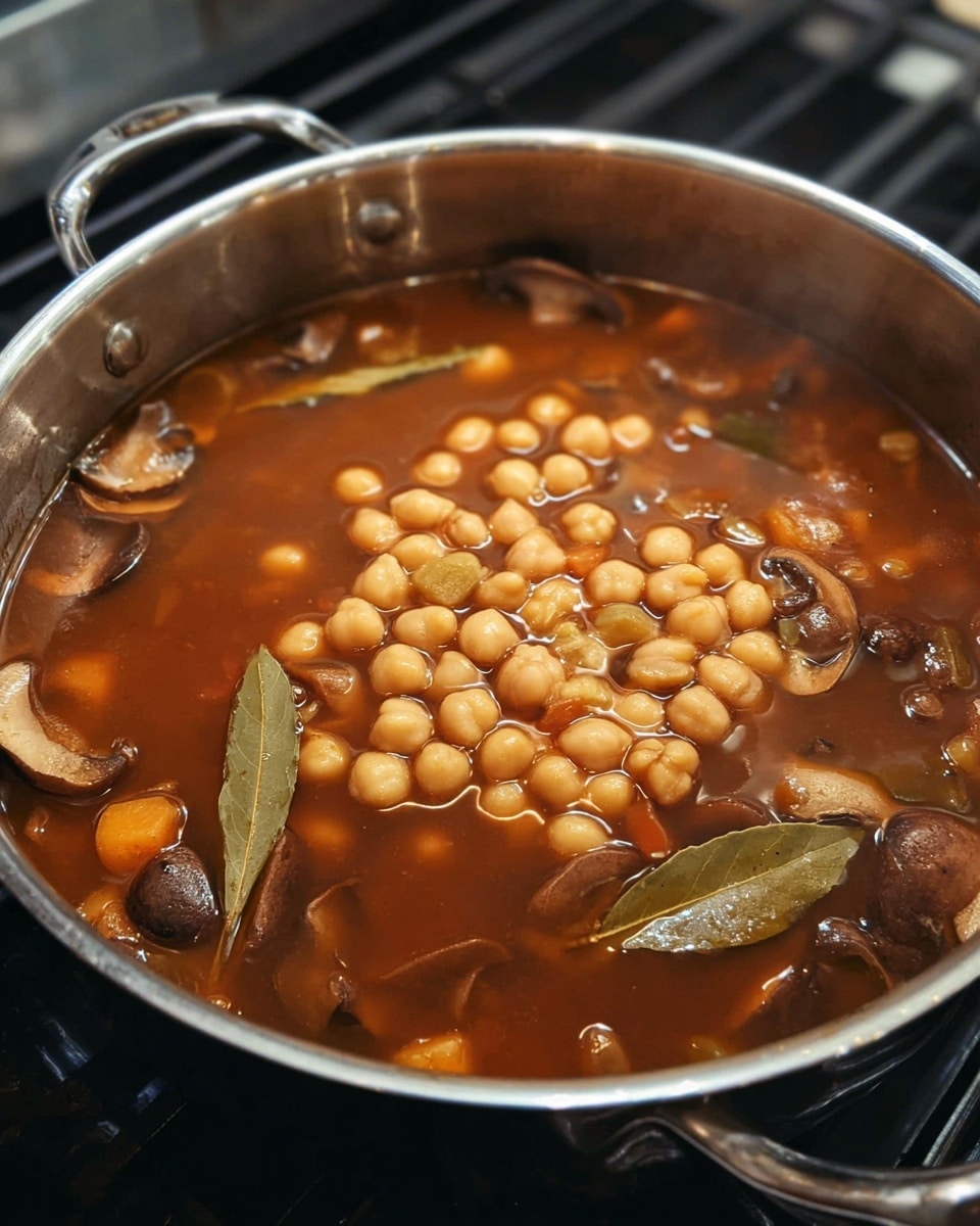 A metal pot filled with thick brown-red broth, full of visible ingredients like light tan chickpeas gathered in the center, dark brown mushroom slices, and bay leaves floating around the edges. The broth is rich and slightly glossy, with some chunks of vegetables partly visible beneath the surface. The pot is on a stove with a faint view of black burners in the background, the pot’s handles are shiny silver metal reflecting light. The overall look is warm and hearty, showing a stew or soup in cooking. Photo taken with an iphone --ar 4:5 --v 7
