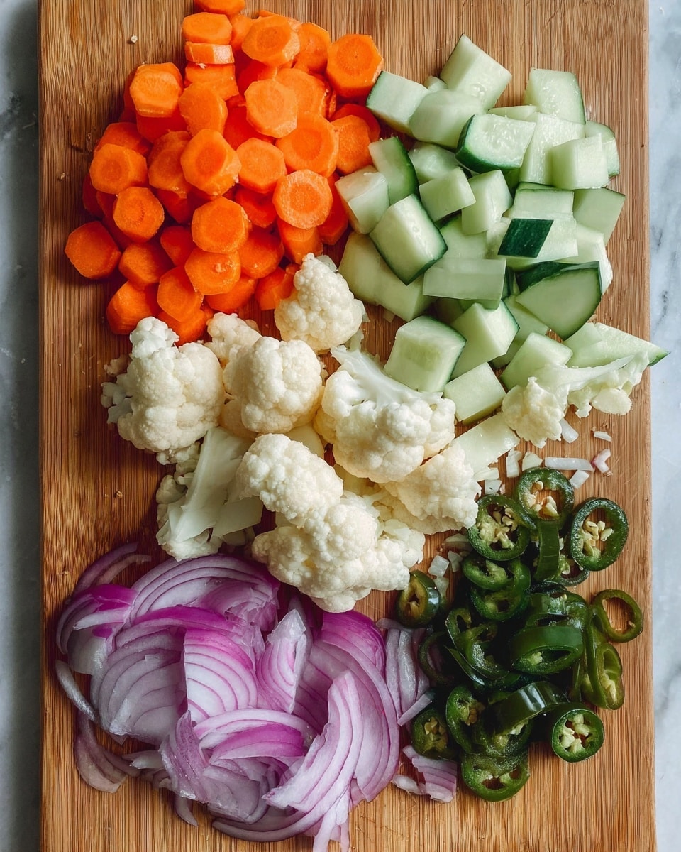 The image shows six groups of fresh vegetables placed on a wooden board. At the top left, there is a layer of bright orange sliced carrots cut into small round pieces. Below that, there are pale green cucumber pieces sliced in various shapes, both rounded and long pieces, filling the middle section. To the left center, a cluster of white cauliflower florets adds a bumpy texture. At the bottom left, there is a layer of thinly sliced red onion rings with their purple and white rings clearly visible. On the right side, dark green sliced jalapeño peppers with seeds and shiny skin are stacked. At the top right corner, tiny bits of chopped garlic complete the arrangement. The photo has a white marbled surface background. photo taken with an iphone --ar 4:5 --v 7