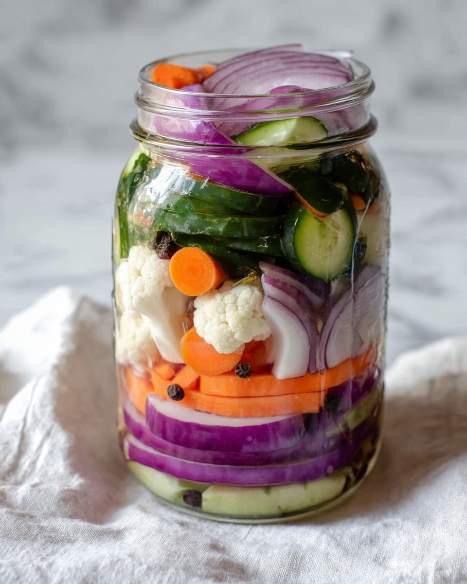 A clear glass jar filled with many layers of fresh, colorful pickled vegetables. From bottom to top, the jars show thick slices of purple onion with smooth and shiny texture, white cauliflower florets with a rough, bumpy texture, bright orange carrot slices that are smooth and slightly translucent, dark green cucumber slices with a ridged edge, and more purple onion rings on top. There are some small black peppercorns scattered among the vegetables. The jar is placed on a white cloth with soft folds, and the background is a white marbled surface. Photo taken with an iphone --ar 4:5 --v 7