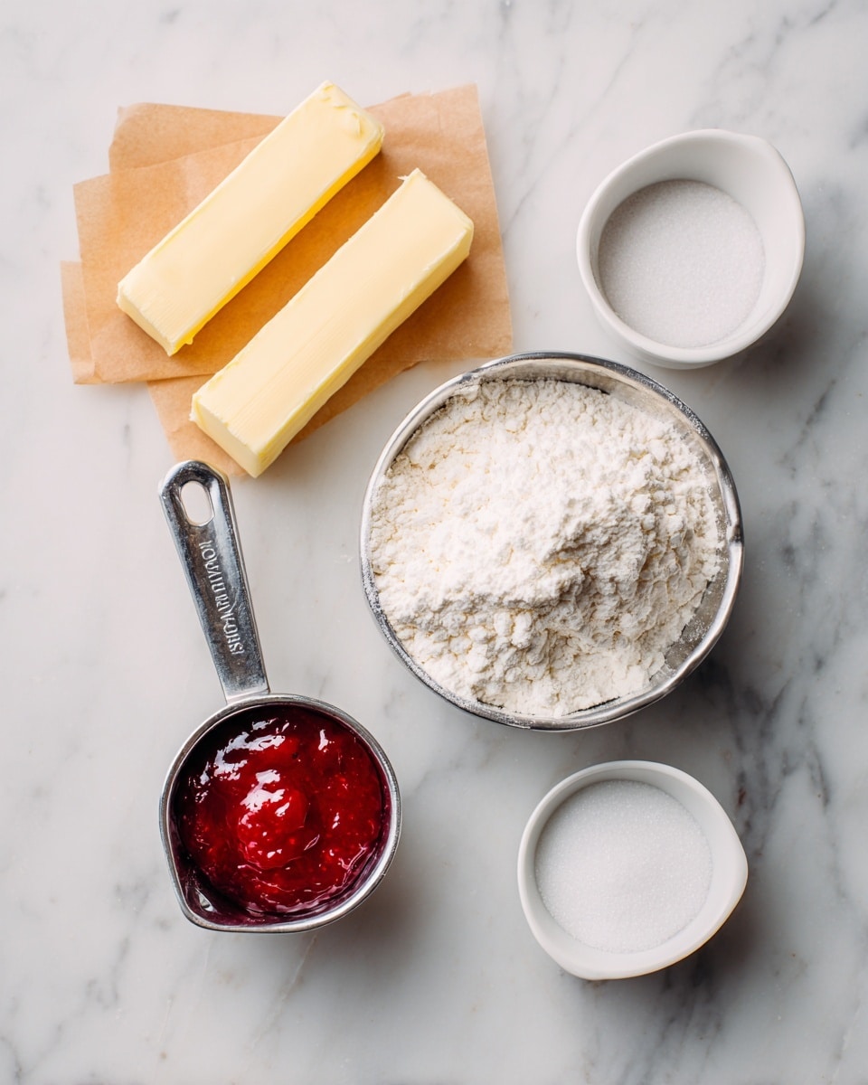 This image shows baking ingredients arranged on a white marbled surface. There are two sticks of pale yellow butter placed on a small piece of brown paper near the top left. Next to the butter is a metal measuring cup filled with white flour in the center. Below the flour cup is another metal measuring cup holding bright red jam. To the right of the flour sit two small white bowls, one filled with white sugar and the other empty. The colors are soft and natural, and the lighting is bright and even, making the textures clear. photo taken with an iphone --ar 4:5 --v 7