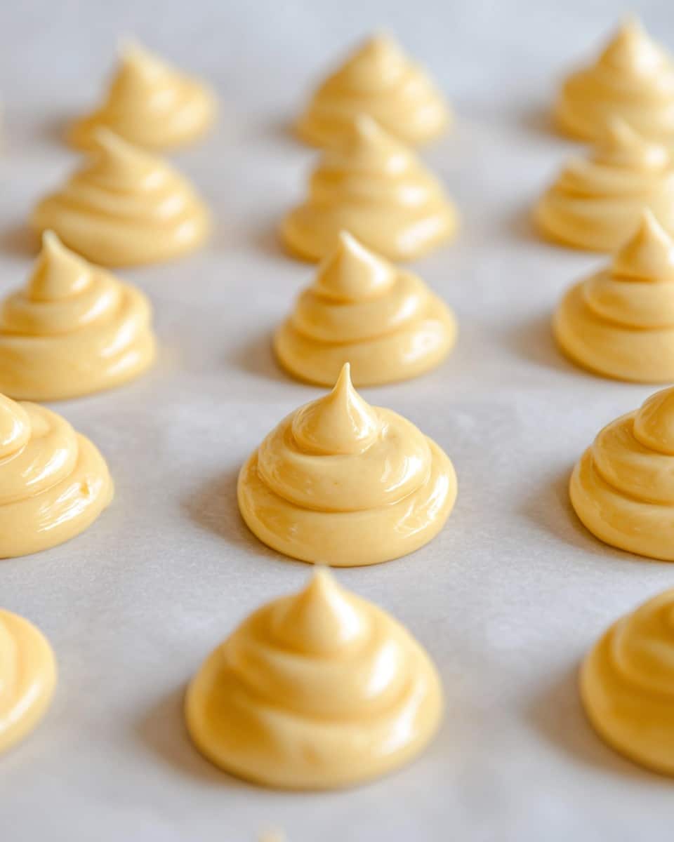 The image shows multiple small, round dollops of smooth, shiny, light yellow batter arranged evenly on a flat white marbled surface covered with parchment paper. Each dollop has a soft peak on top, showing the swirl from piping. They are placed in rows, creating a neat pattern that stretches back and slightly blurs as it goes farther. The background is soft and light, allowing the batter's color and texture to stand out clearly. Photo taken with an iphone --ar 4:5 --v 7