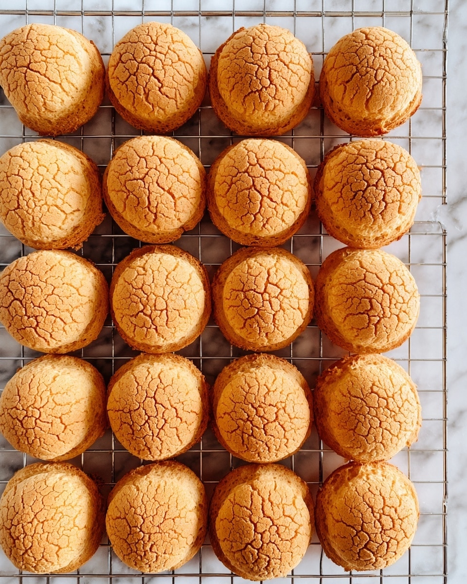 The image shows a top view of twenty round choux buns arranged neatly in a grid on a wire rack. Each bun has a golden-brown, rough textured crust on top, with a cracked, craquelin-like pattern. The buns are puffy and evenly baked, sitting closely together in four rows and five columns. The wire rack beneath has square grids and rests on a white marbled surface that contrasts with the warm color of the buns. The photo taken with an iphone --ar 4:5 --v 7