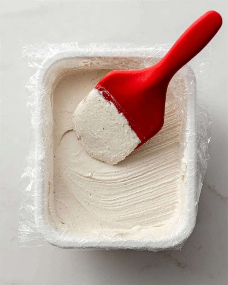 A white square container with clear plastic wrap inside, filled with a smooth, off-white creamy mixture spread evenly at the top. A red spatula is gently pressing against the mixture, showing a soft and spreadable texture. The container sits on a white marbled surface. Photo taken with an iphone --ar 4:5 --v 7