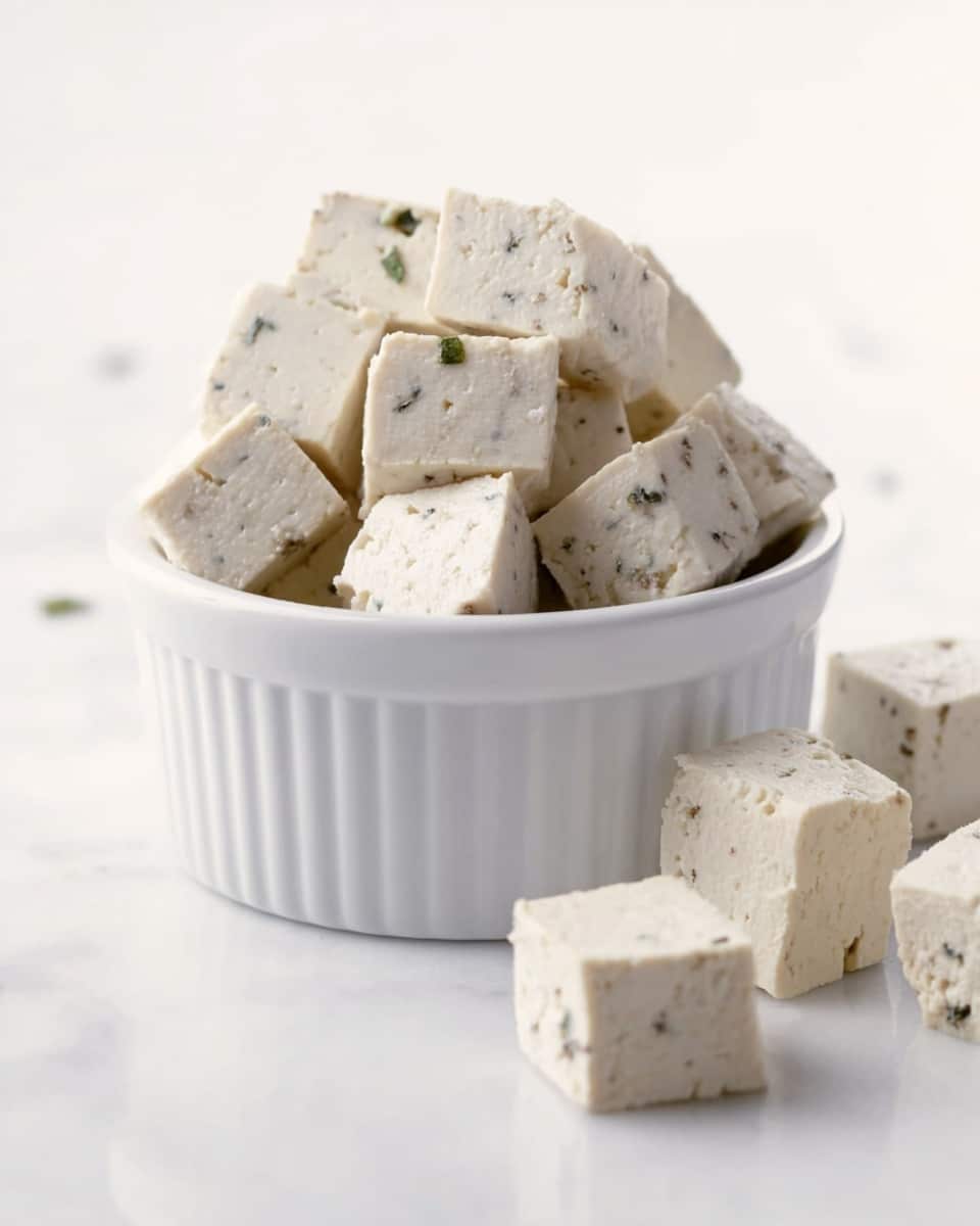 The image shows a white ceramic ramekin filled with many small cubes of tofu, with a few tofu cubes placed outside the ramekin on a white marbled surface. The tofu cubes have a slightly rough texture and are off-white with small green herb bits throughout. The ramekin is centered with the cubes stacked loosely inside. The background is clean and bright white marbled. photo taken with an iphone --ar 4:5 --v 7