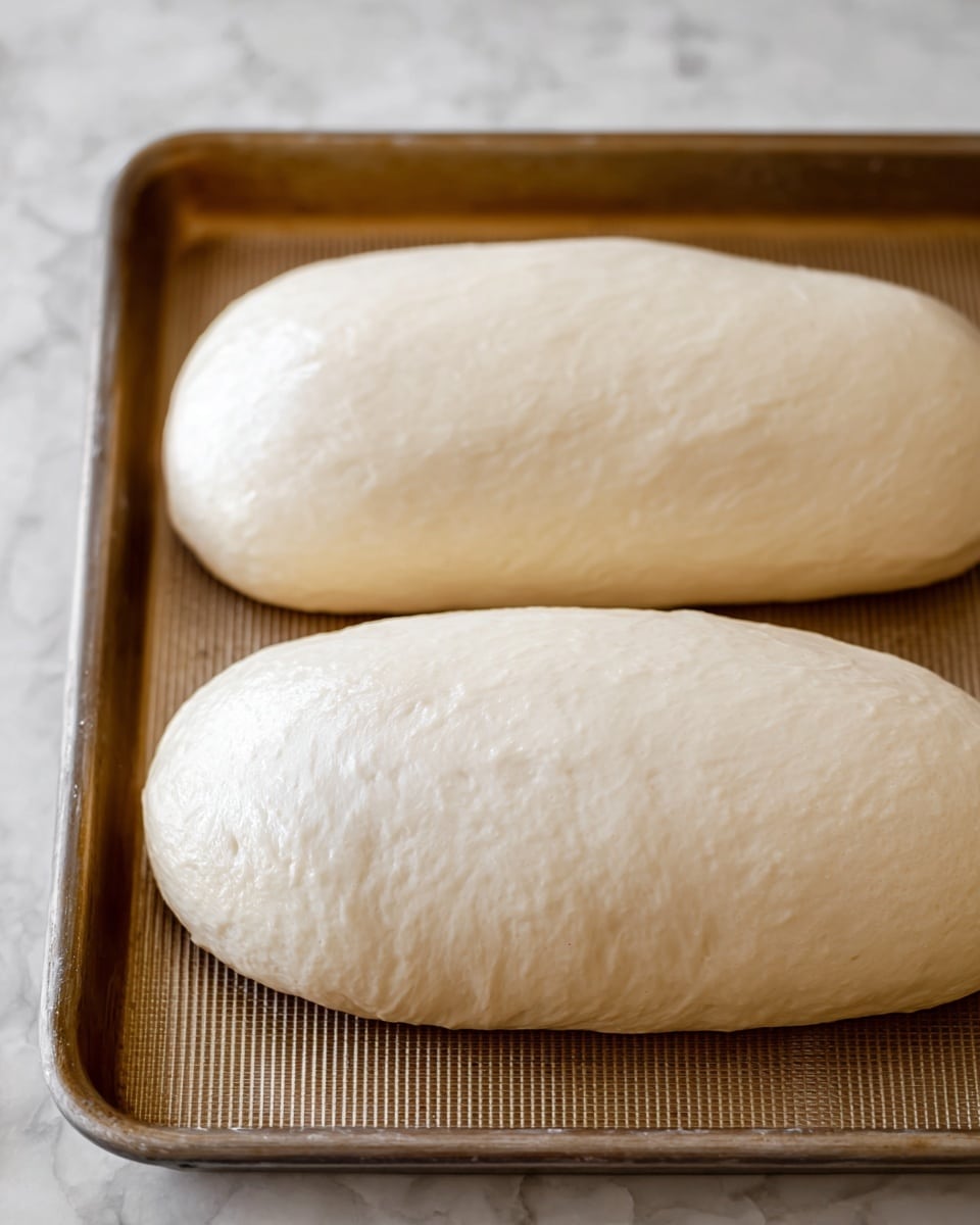 Two smooth, glossy, pale dough loaves sit side by side on a metal baking tray with a textured surface. The dough looks soft and has a slight shine, showing slight bubbles and a smooth skin. The background shows a white marbled texture. photo taken with an iphone --ar 4:5 --v 7